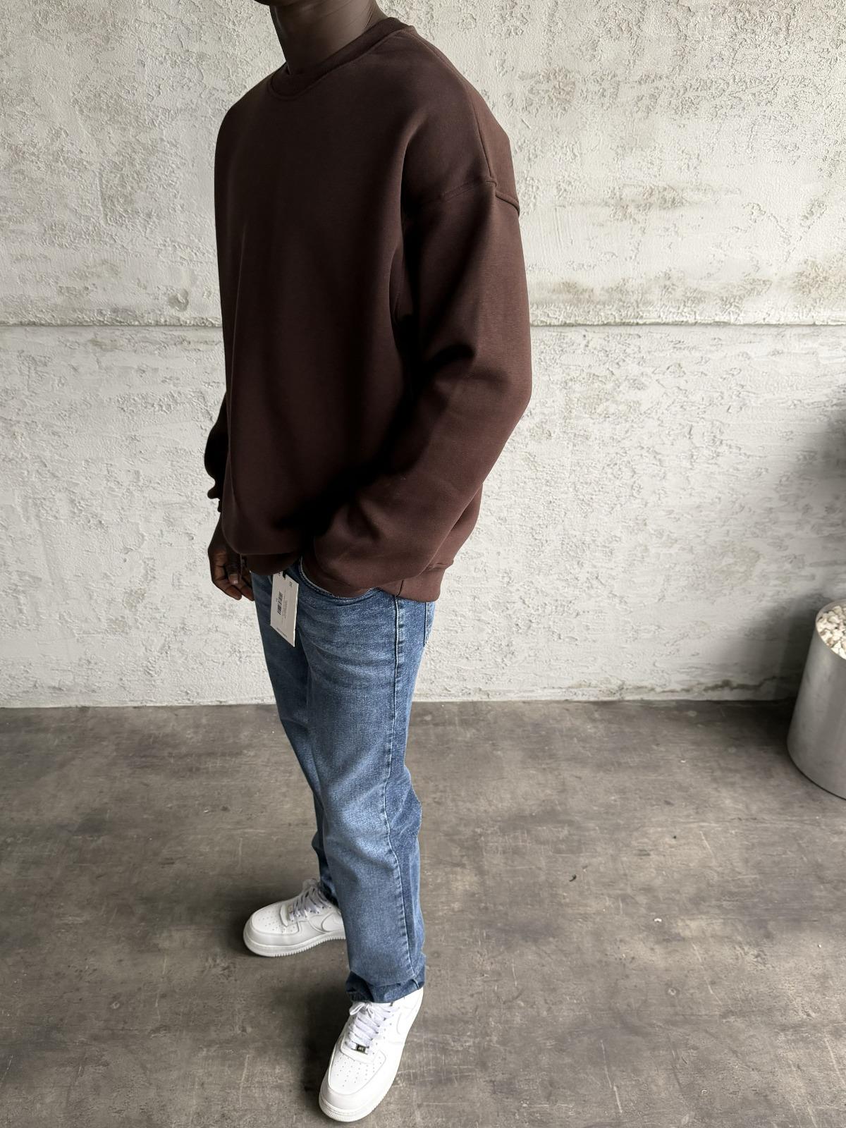 Kahve Bisiklet Yaka Basic Sweatshirt