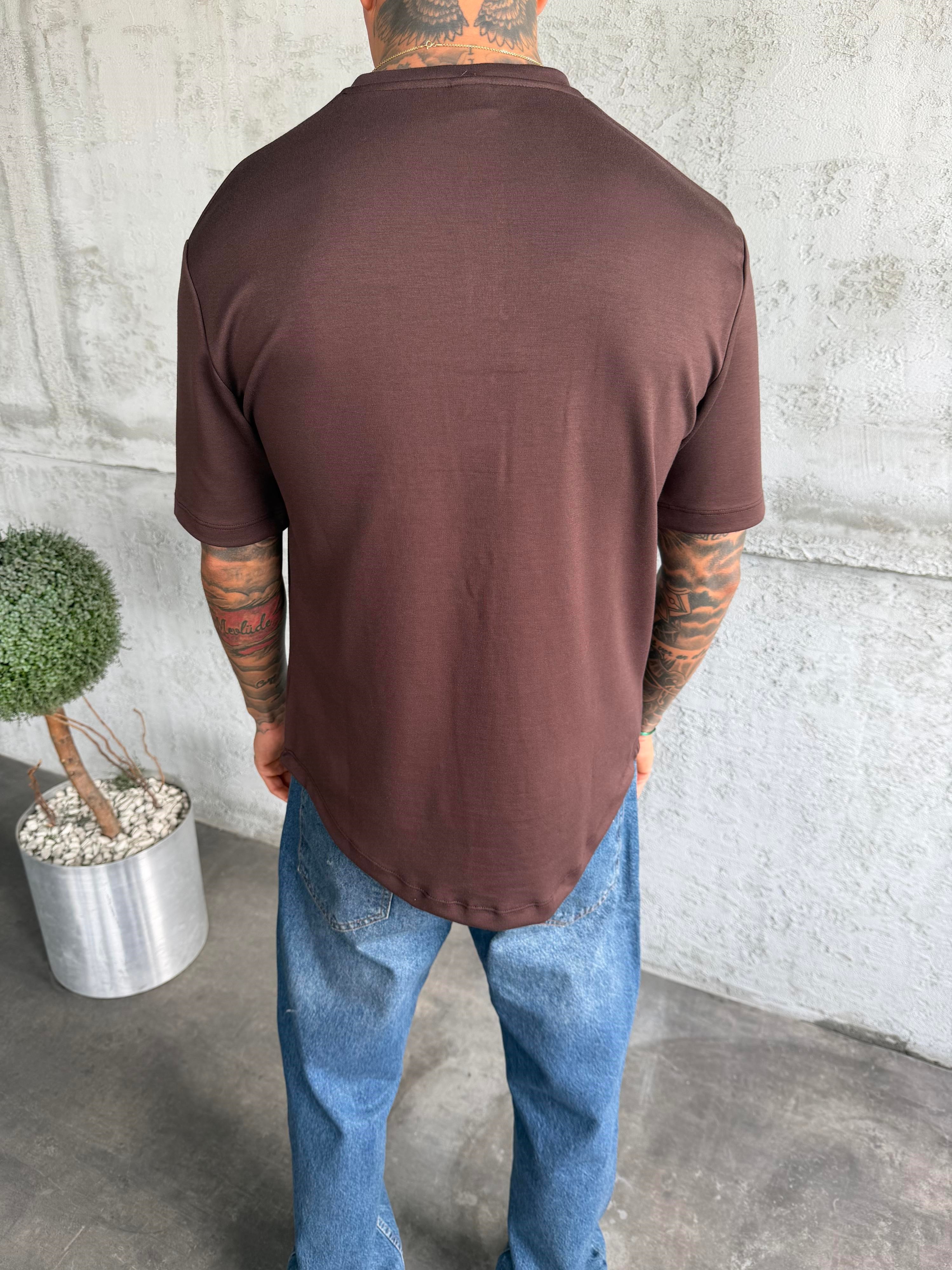 Kahve Bisiklet Yaka Düğmeli Basic T-Shirt