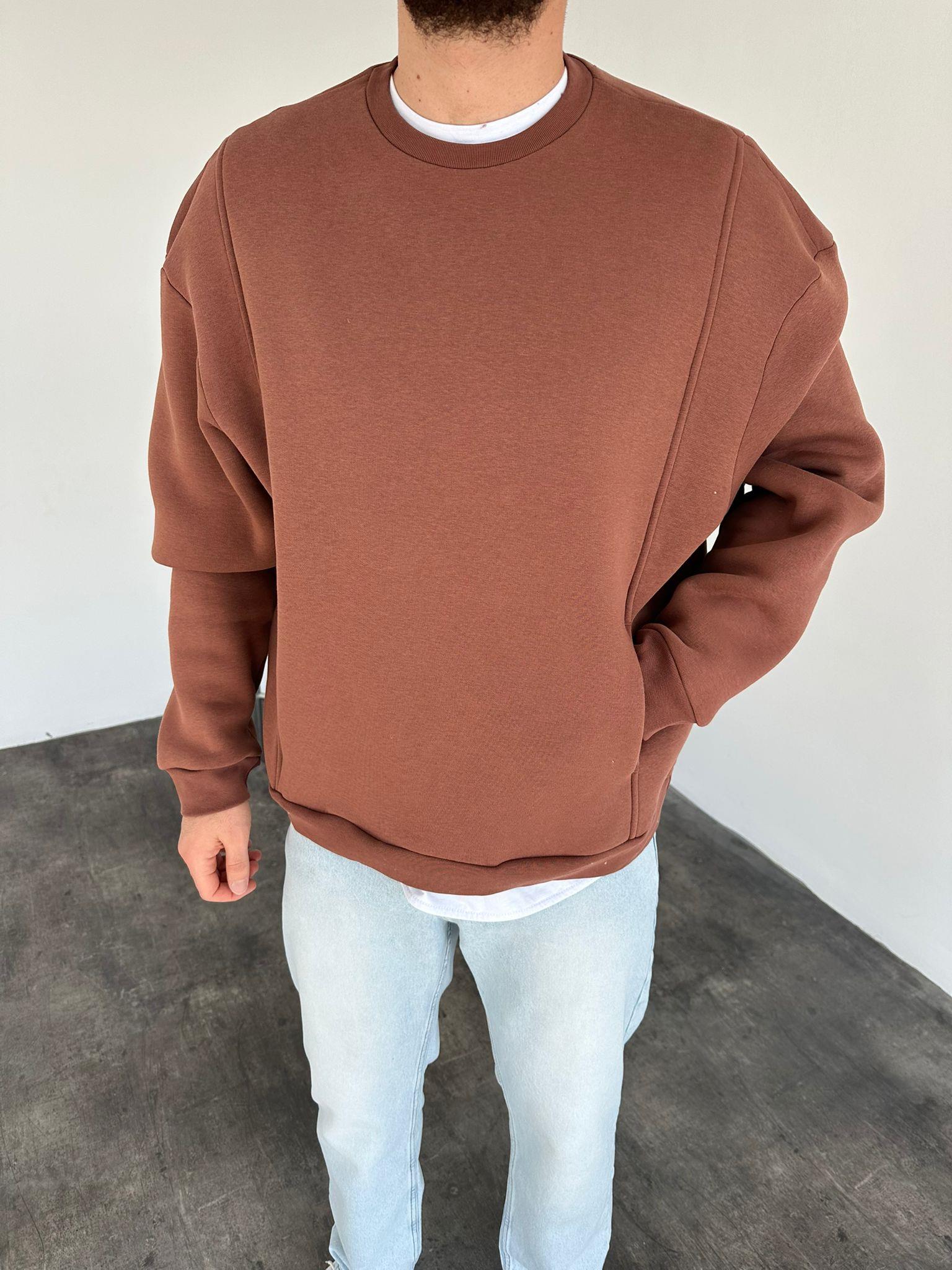 Kahve Kanguru Cep Basit Sweatshirt