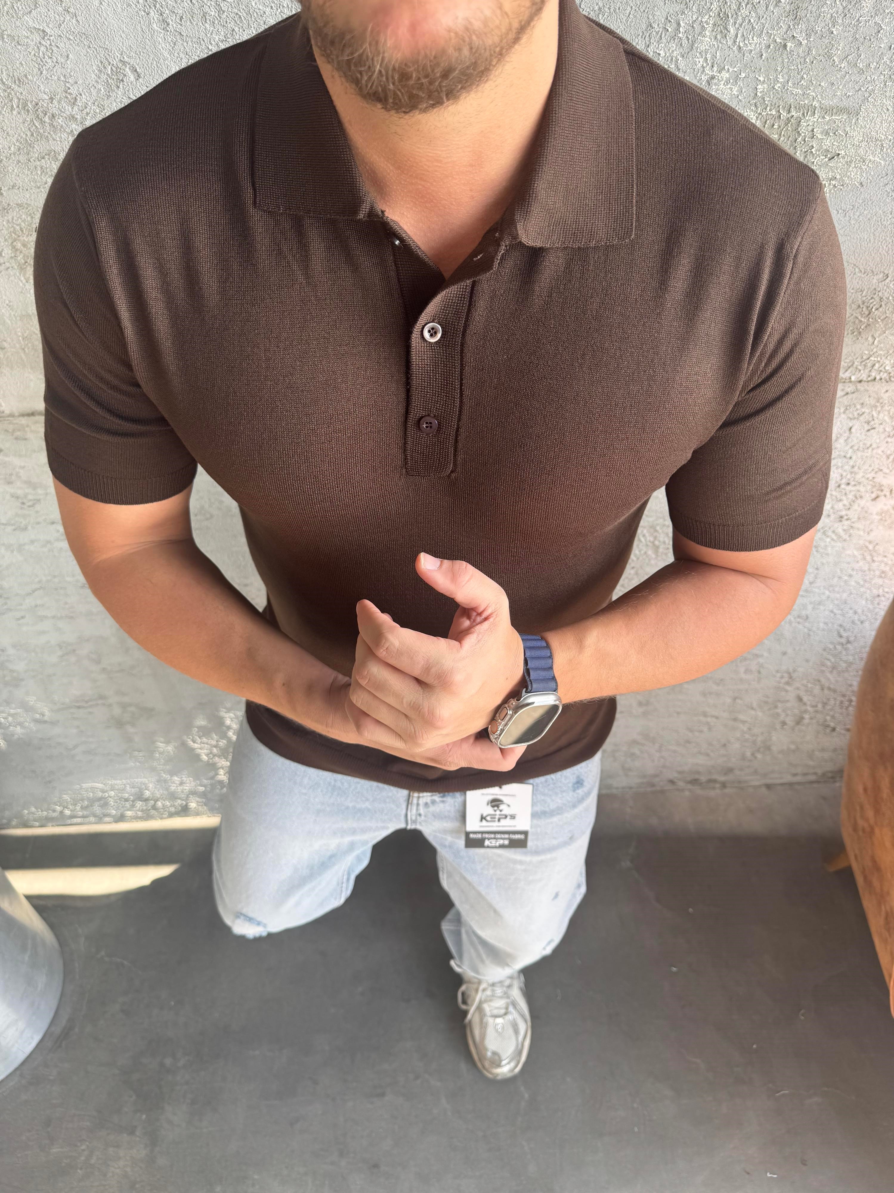 Kahve Polo Yaka Düğmeli Triko T-Shirt