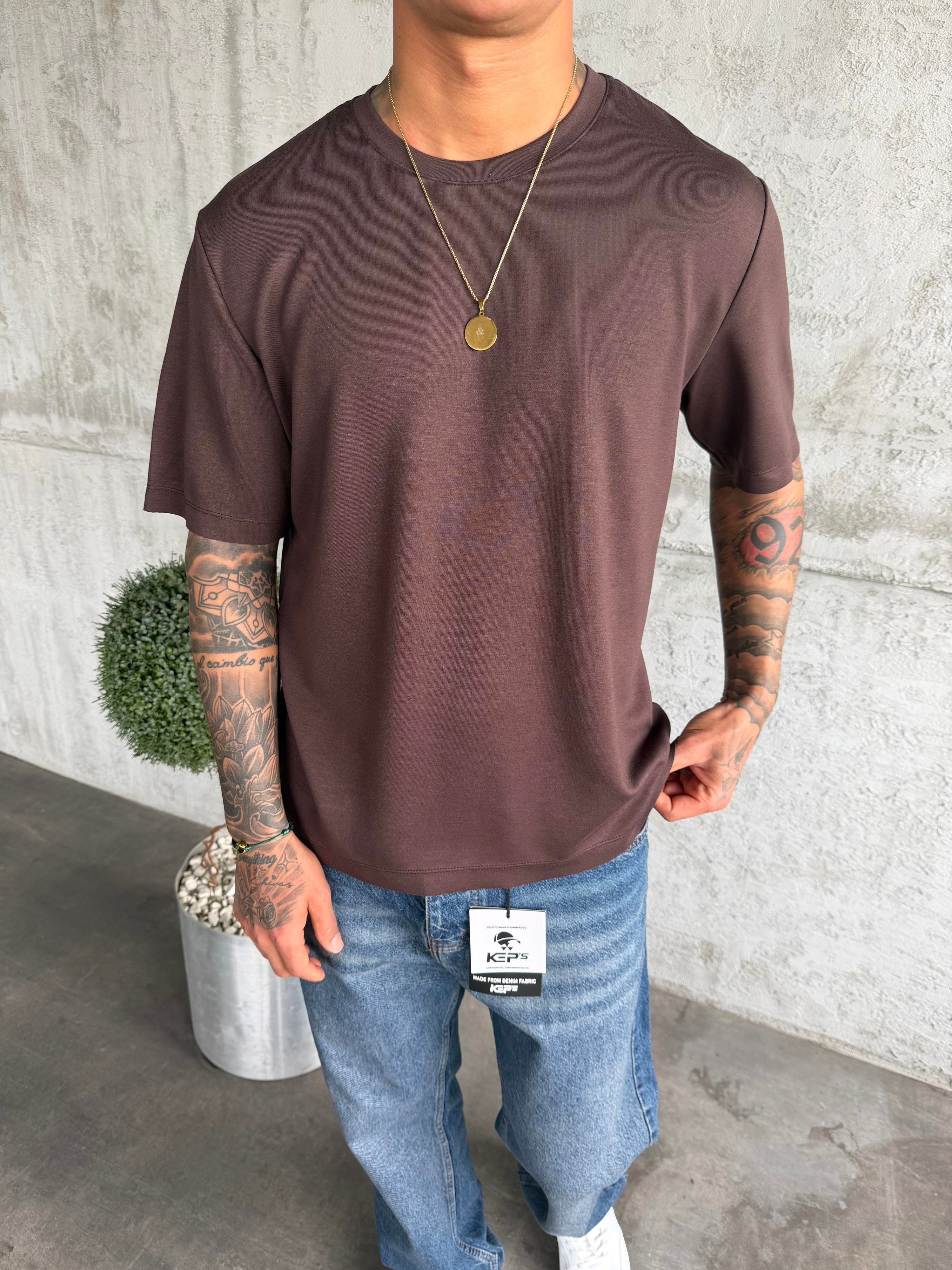 Kahve Premium Kumaş Basic T-Shirt