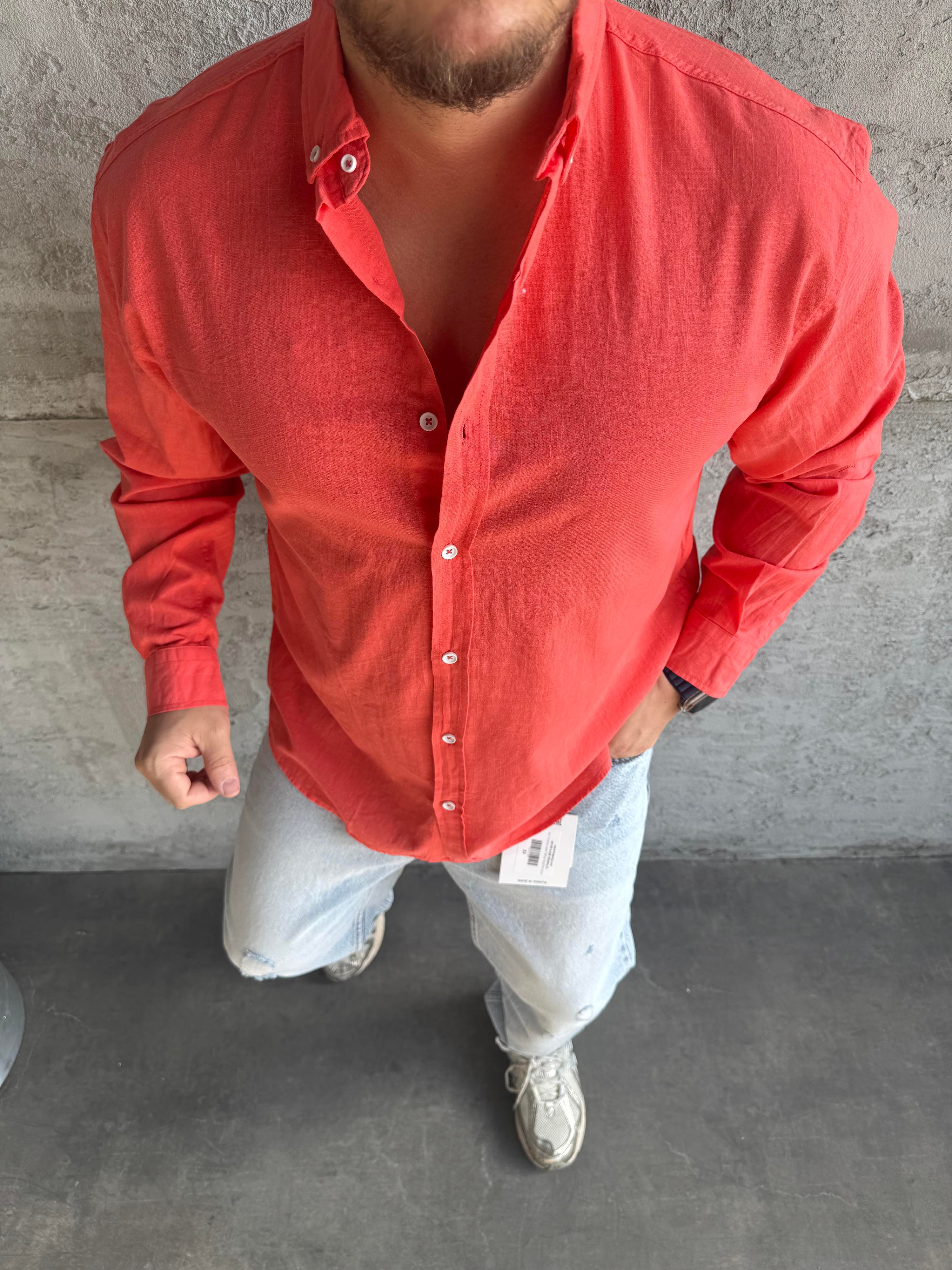 Kırmızı Fresh Keten Basic Gömlek