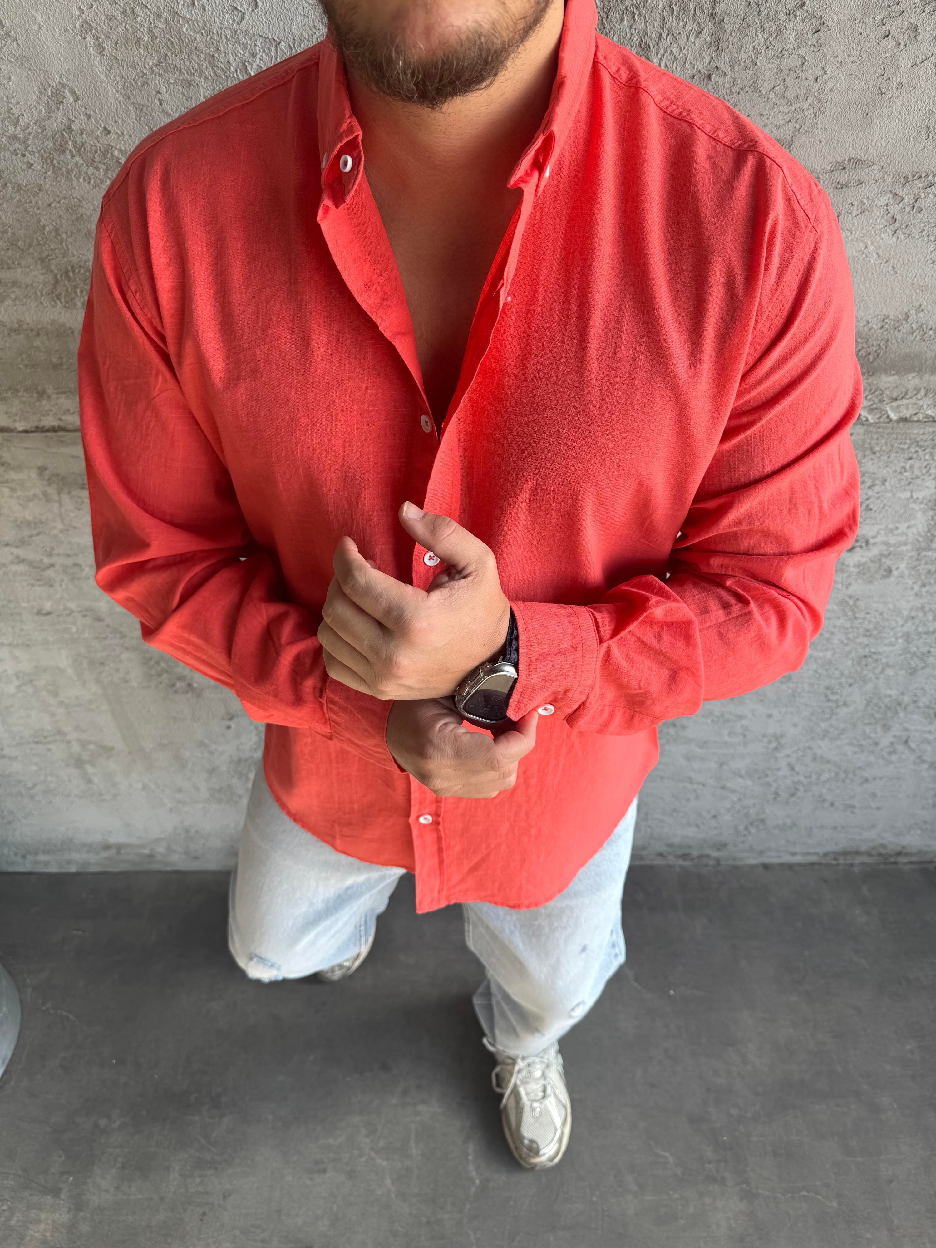 Kırmızı Fresh Keten Basic Gömlek