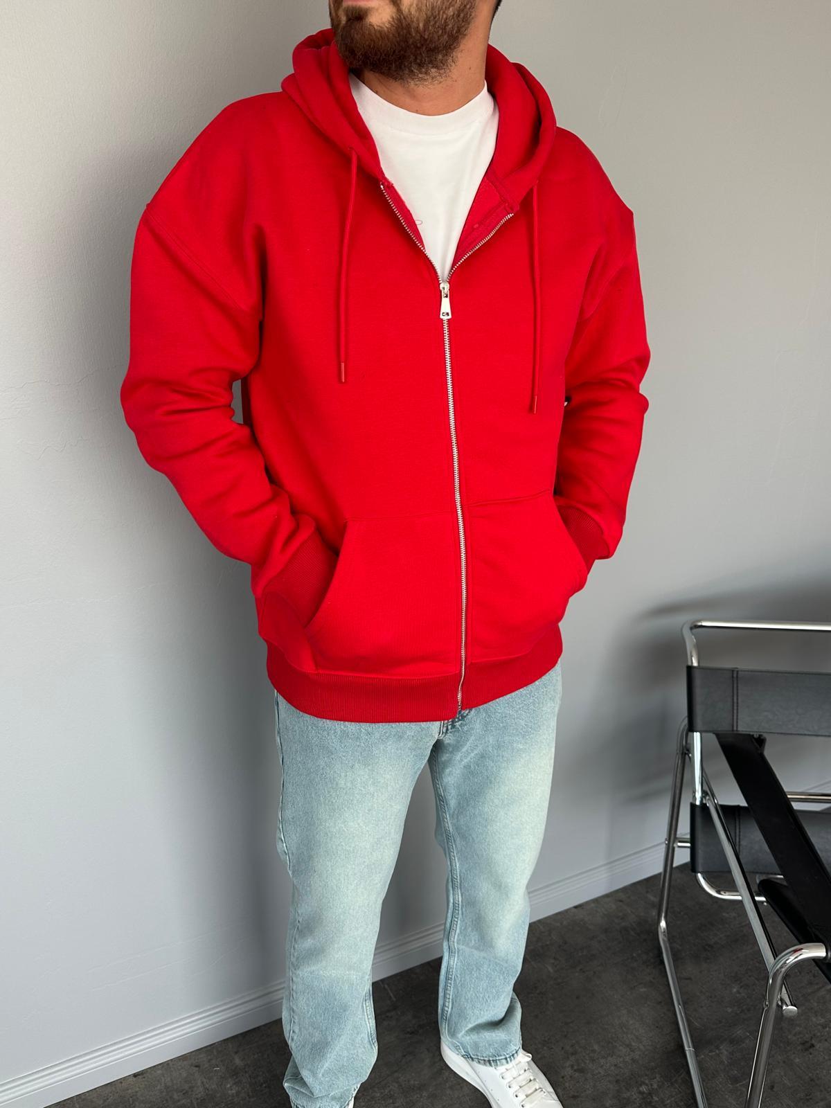 Kırmızı Kapüşonlu Fermuarlı Sweatshirt