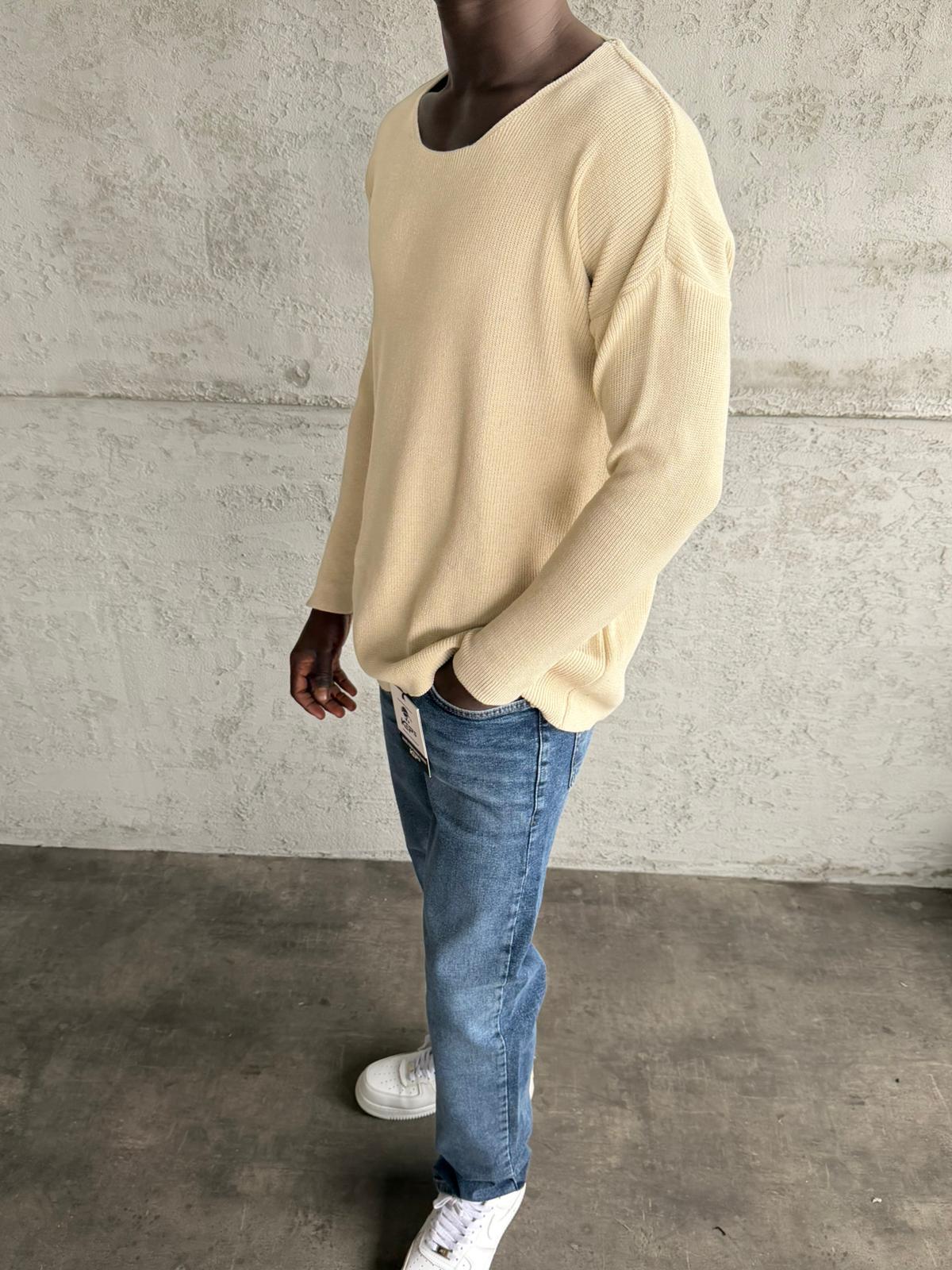 Krem Açık Yaka Oversize Triko