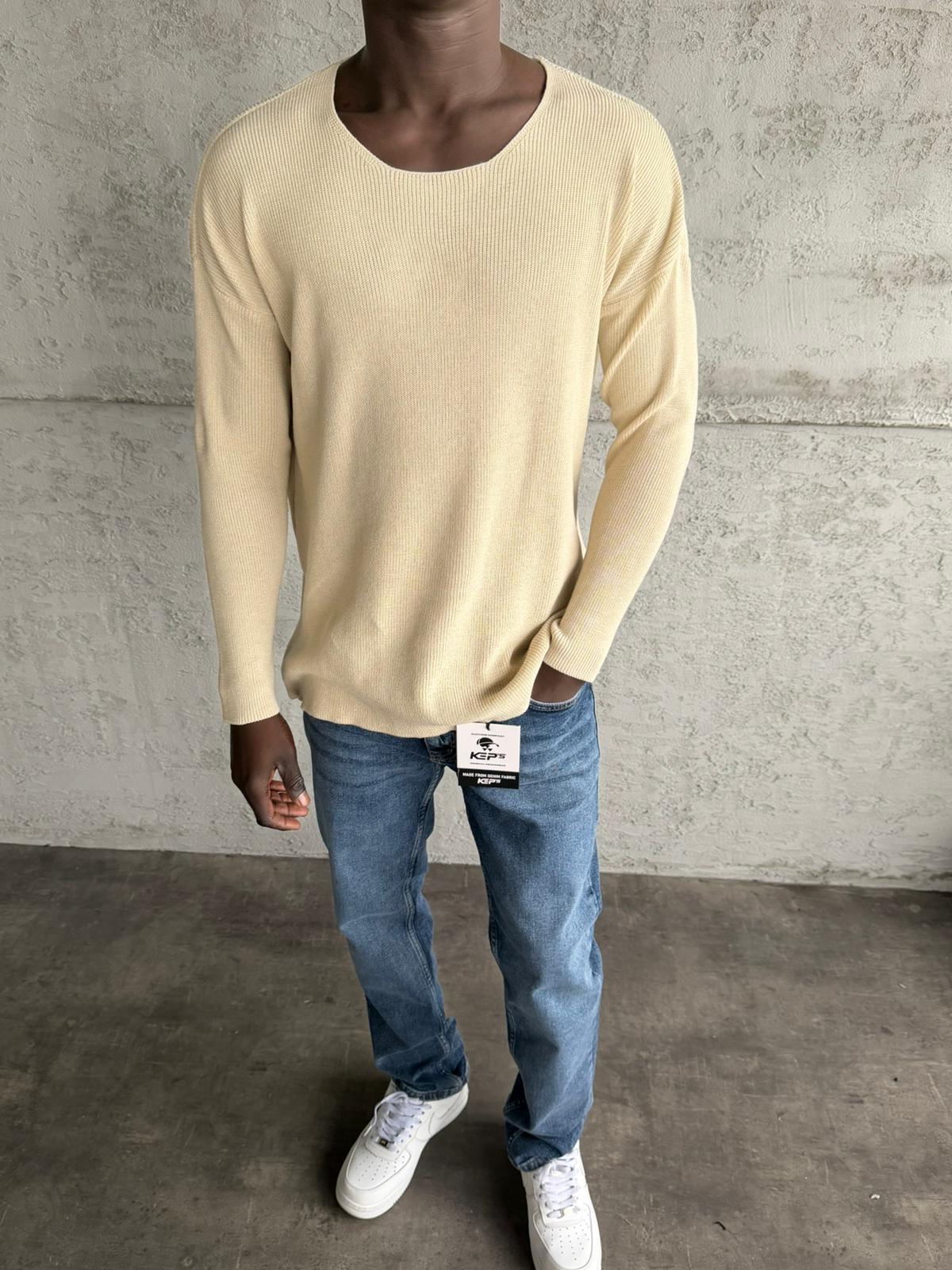 Krem Açık Yaka Oversize Triko