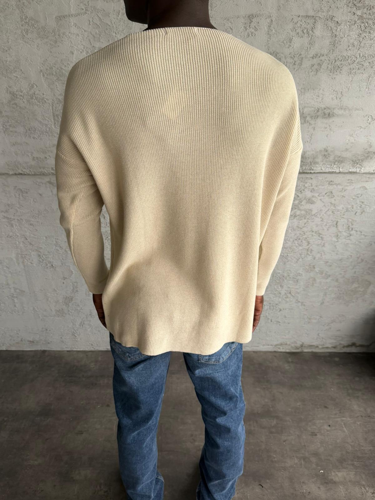 Krem Açık Yaka Oversize Triko