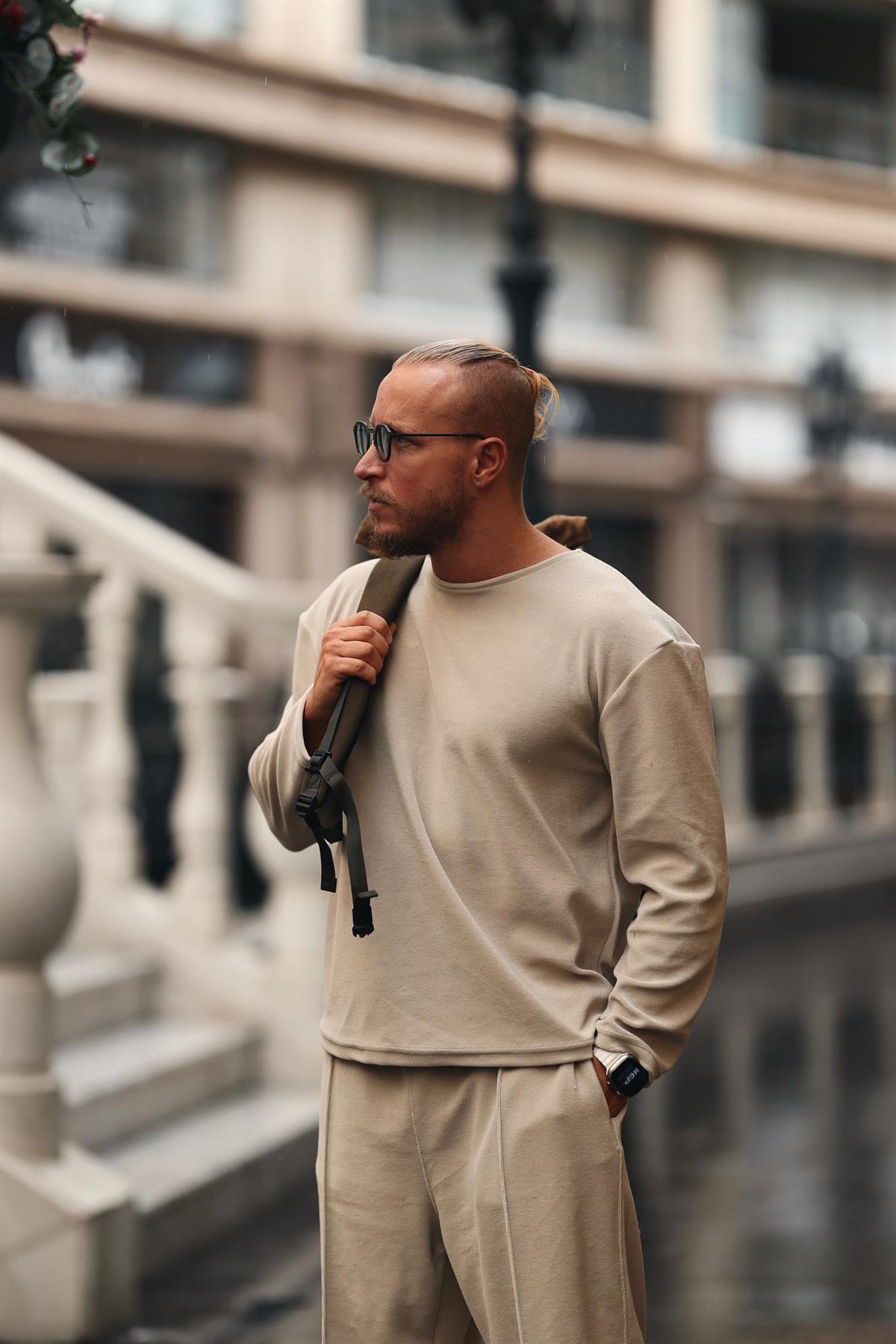 Krem Havlu Kumaş Basic Sweatshirt
