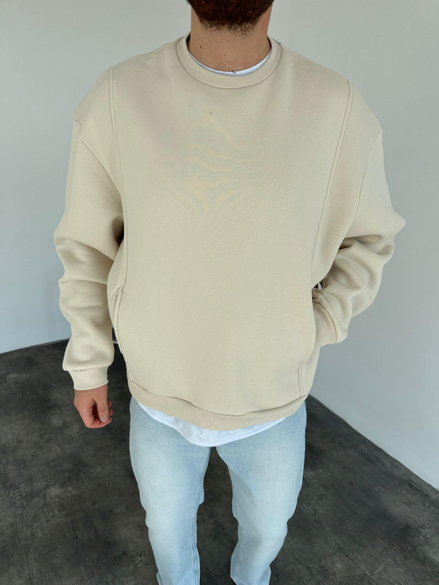 Krem Kanguru Cep Basit Sweatshirt