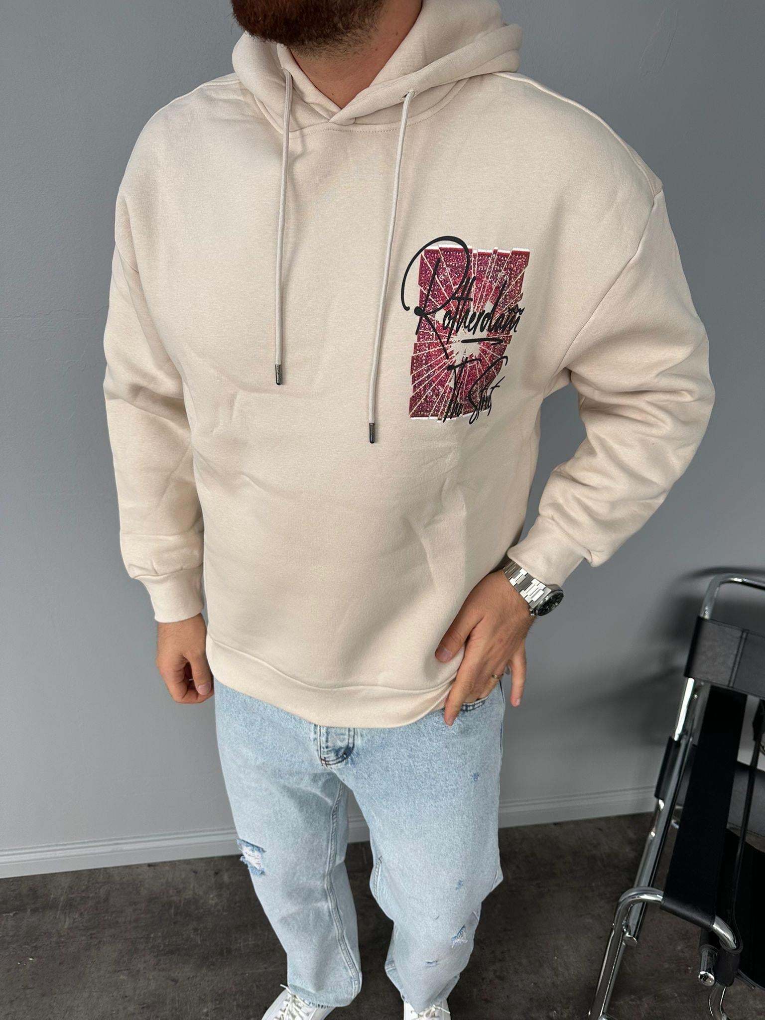 Krem Kapüşonlu Baskılı Sweatshirt