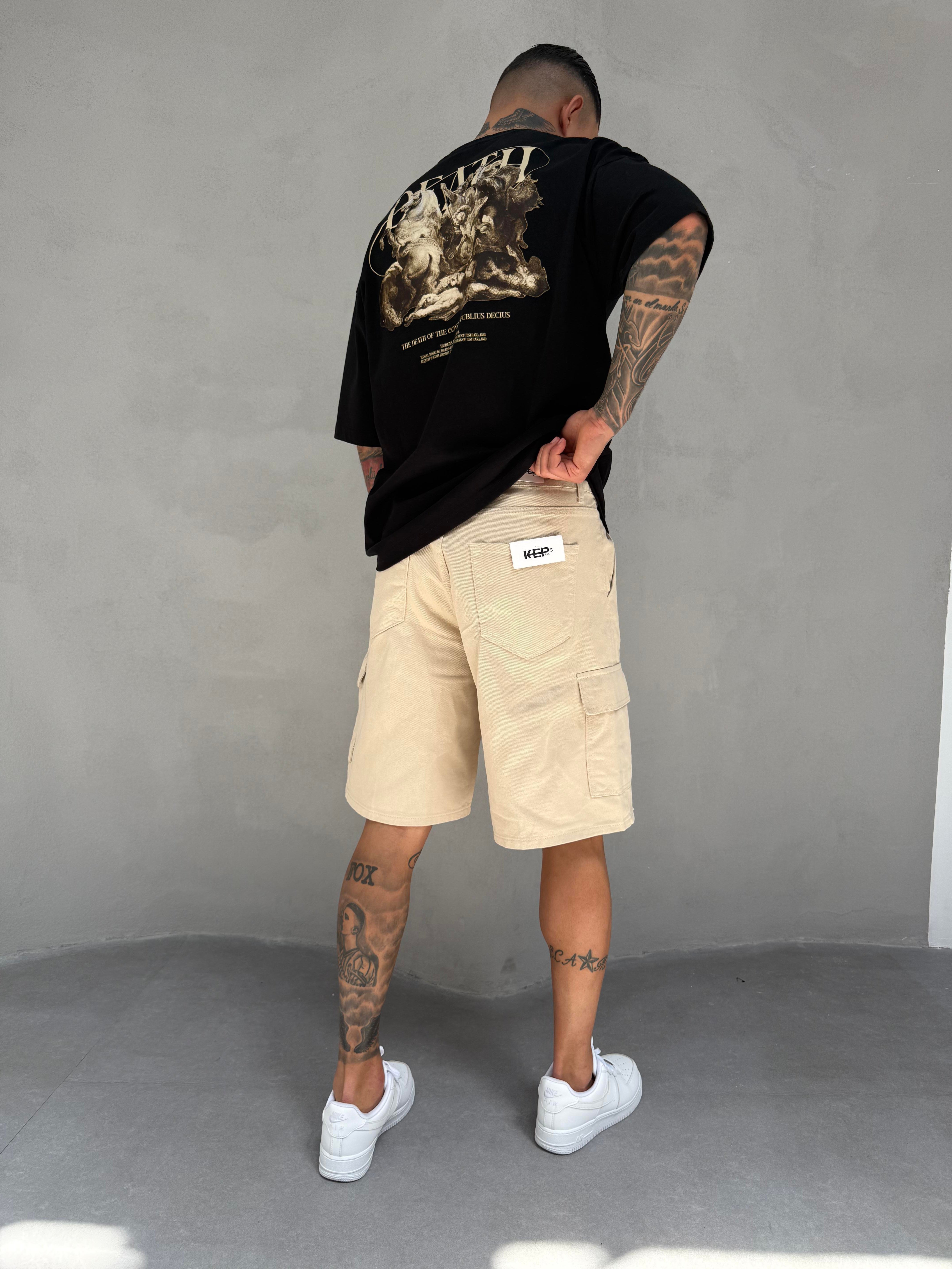 Krem Kargo Cep Şort