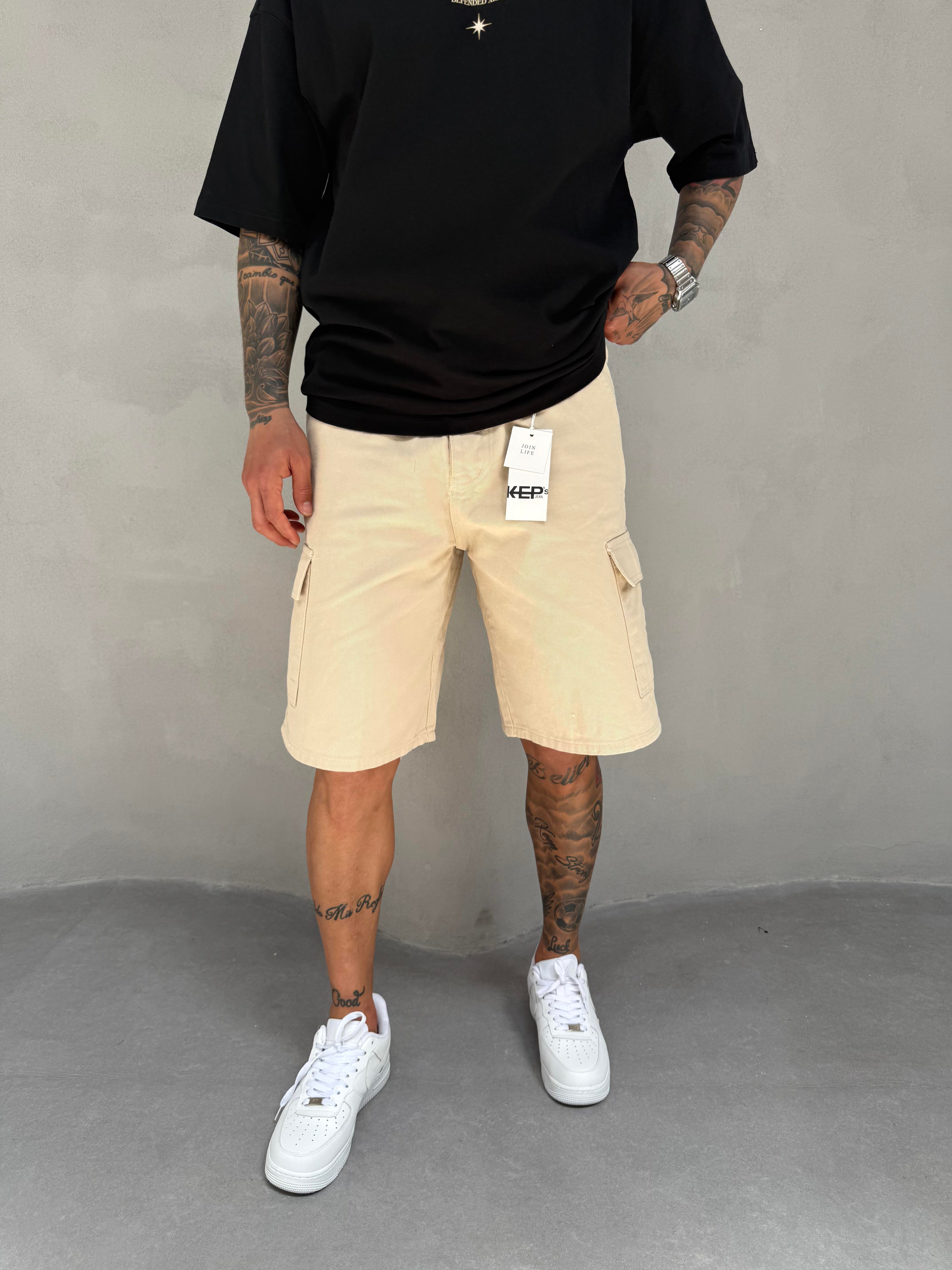 Krem Kargo Cep Şort