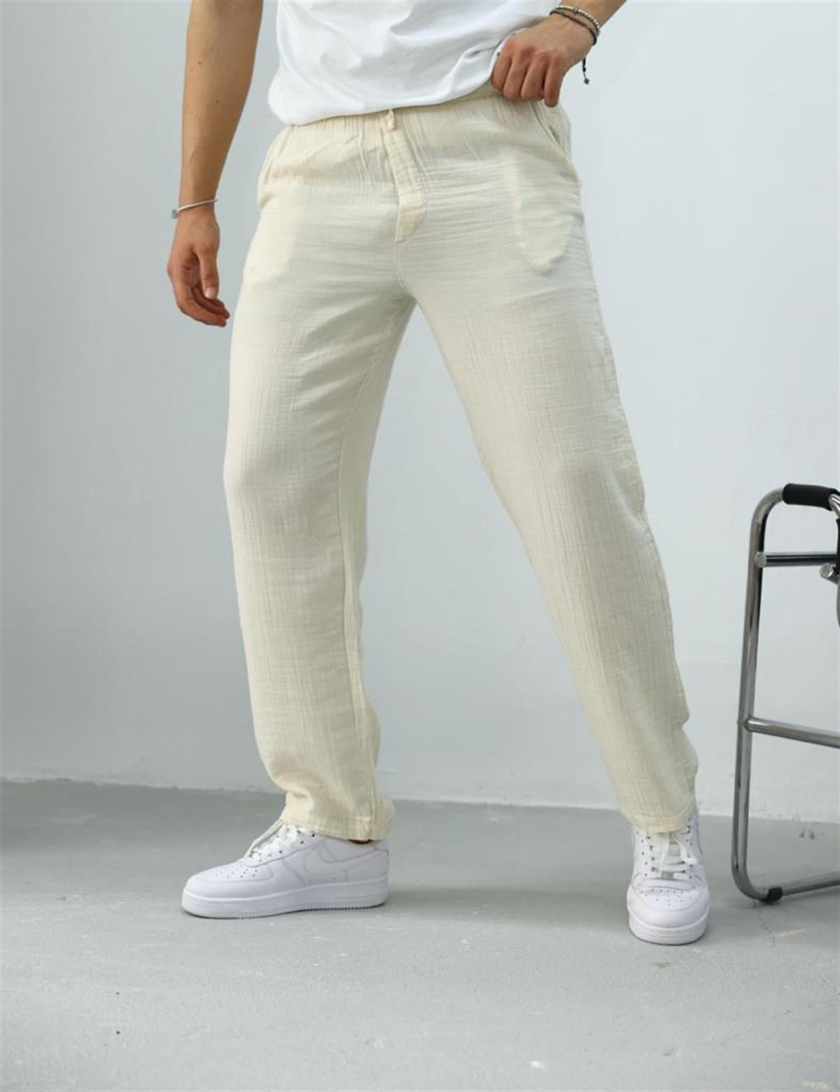 Krem Muslin Kumaş Pantolon