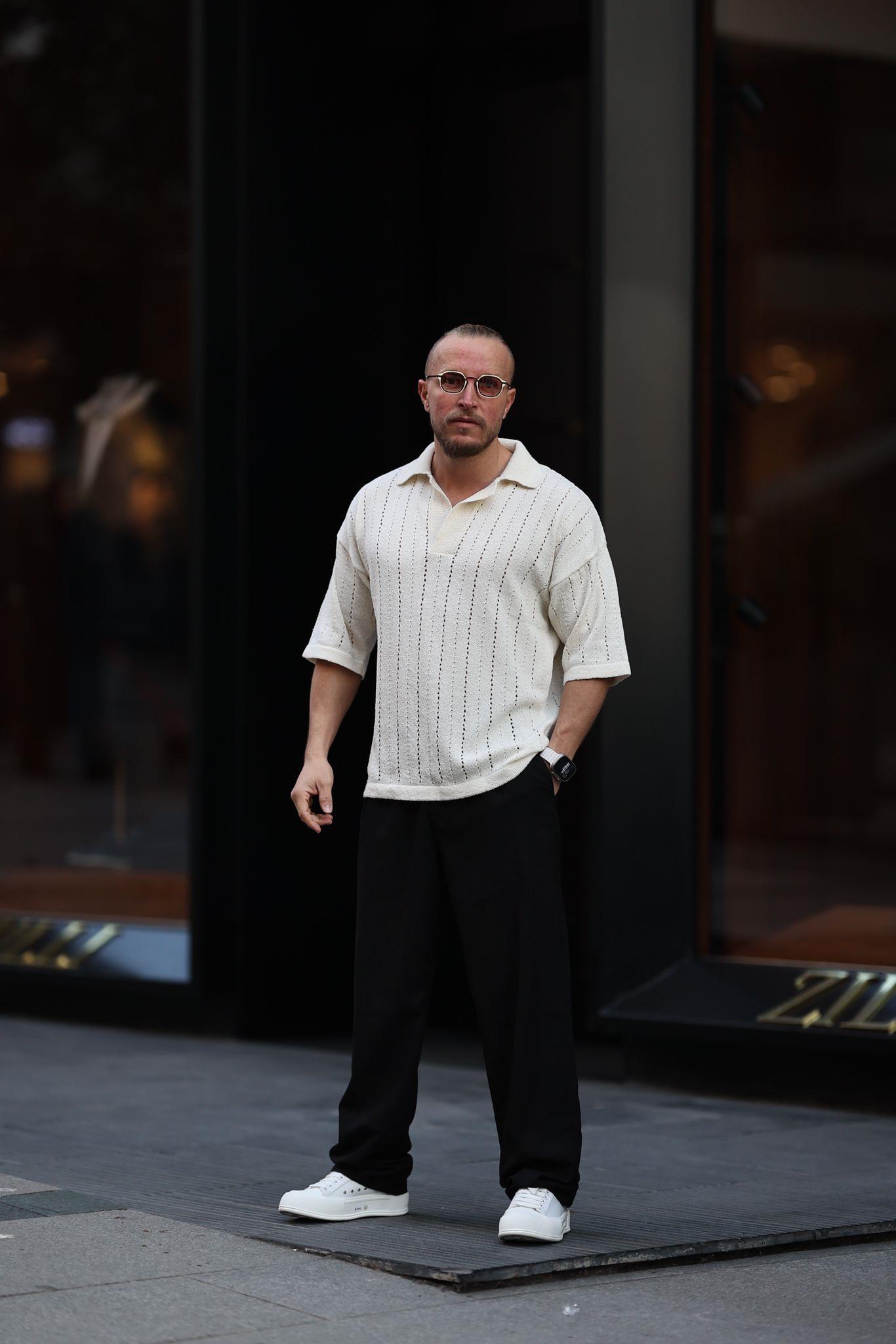 Krem Örme Triko Polo Yaka T-Shirt