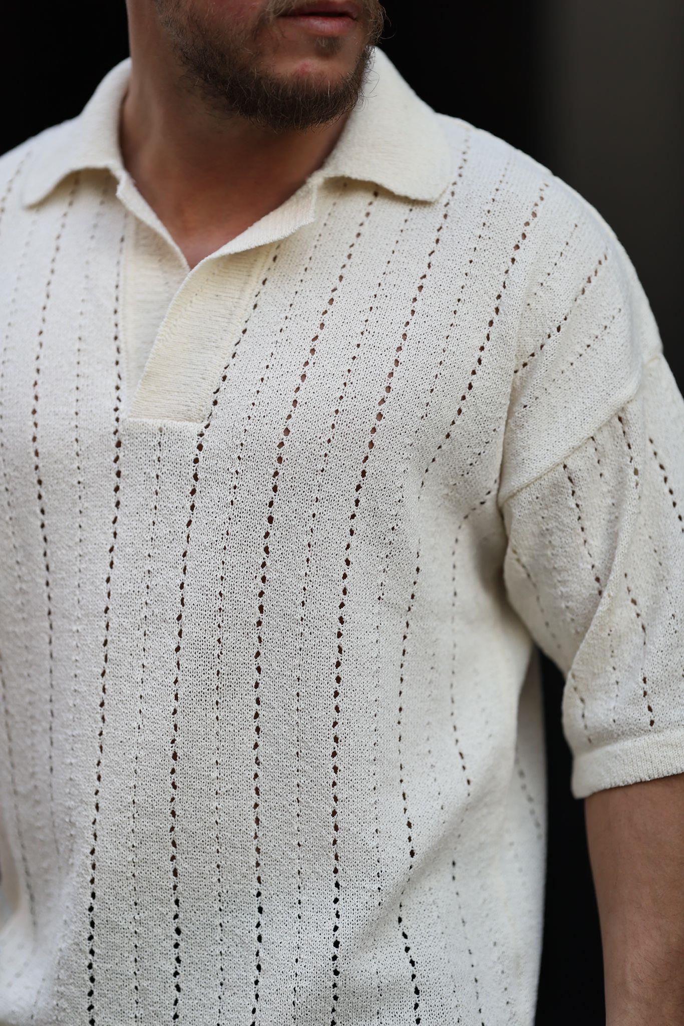 Krem Örme Triko Polo Yaka T-Shirt