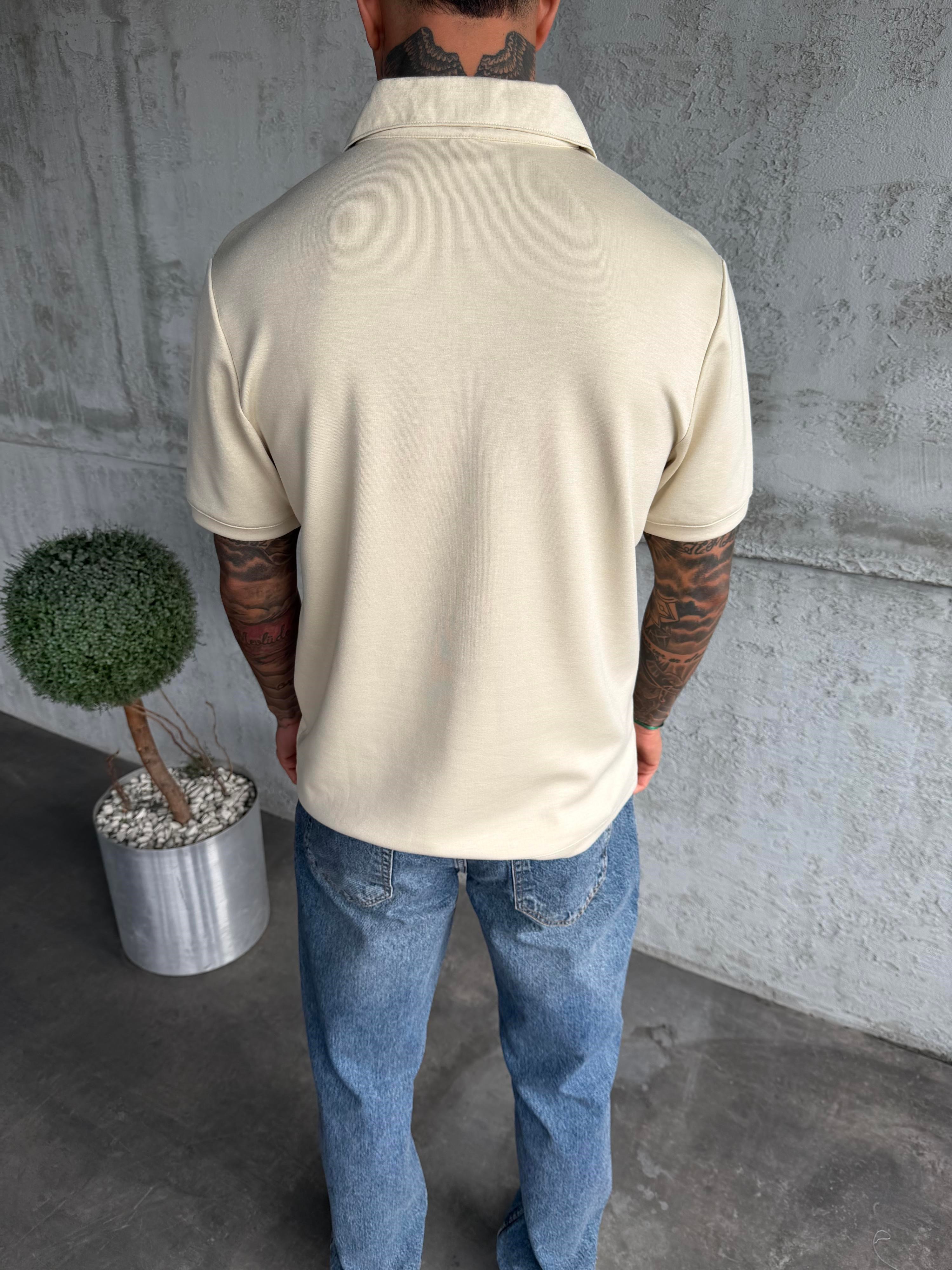 Krem Polo Yaka Basic T-Shirt
