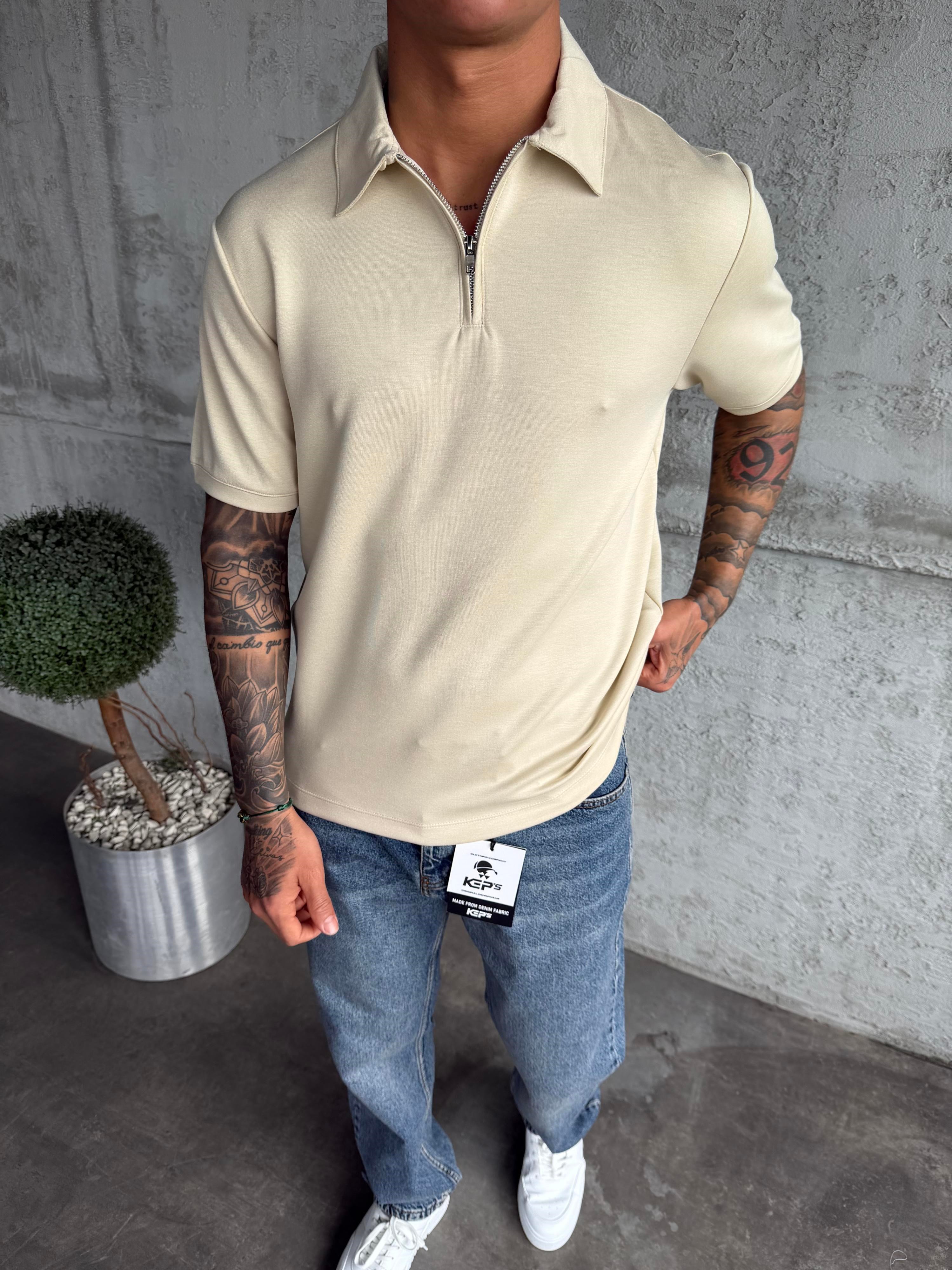Krem Polo Yaka Basic T-Shirt
