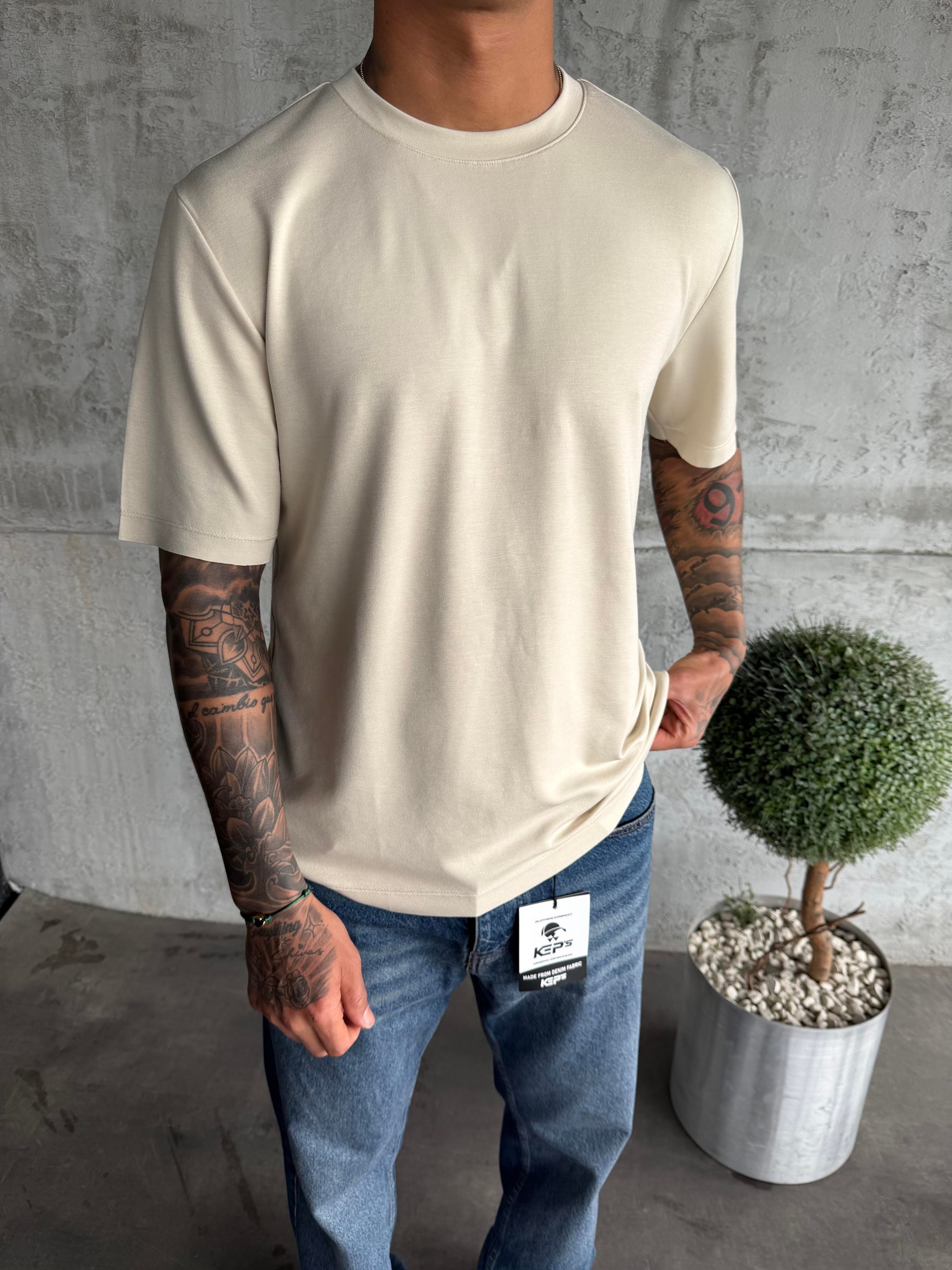 Krem Premium Kumaş Basic T-Shirt