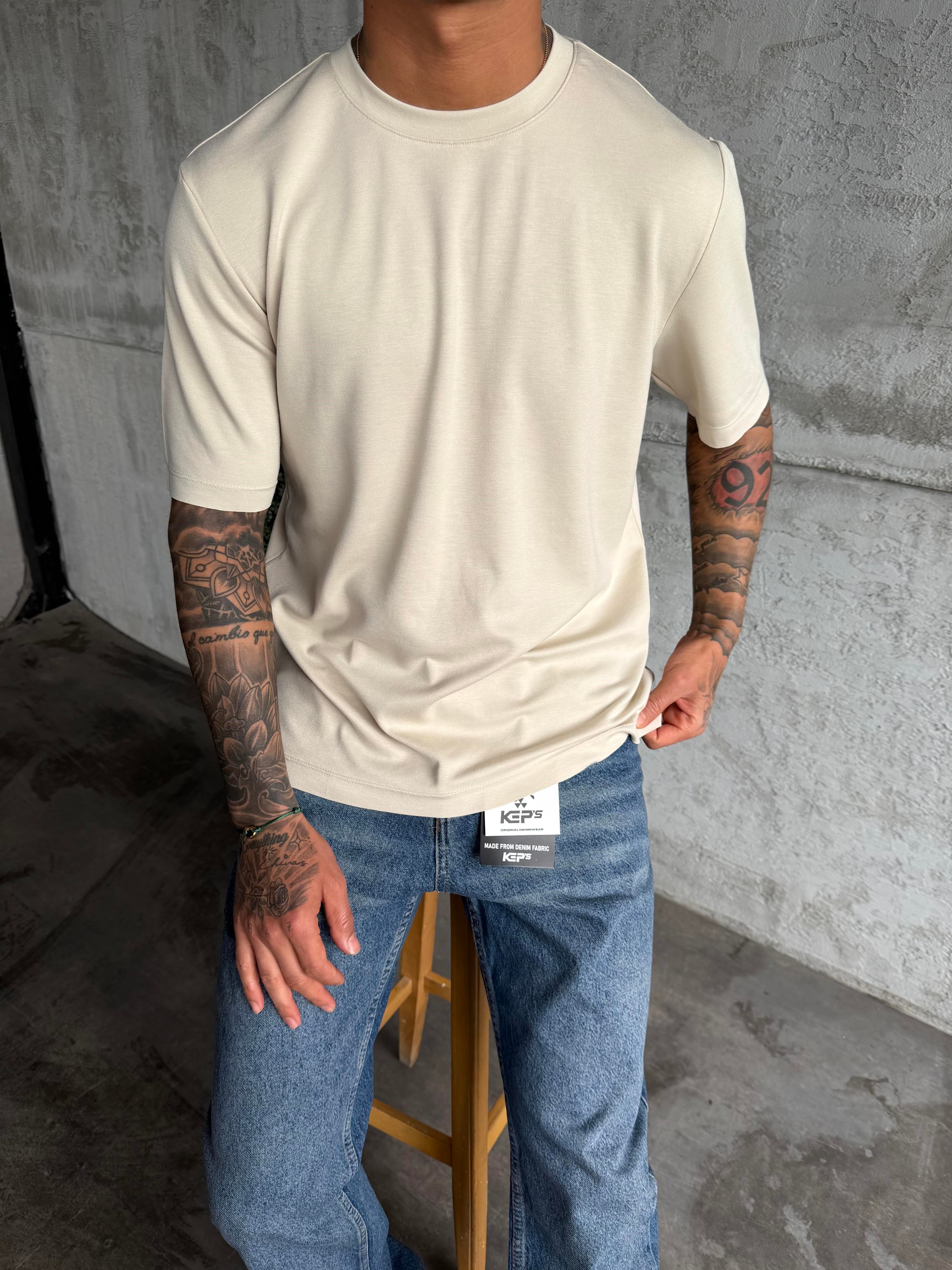Krem Premium Kumaş Basic T-Shirt