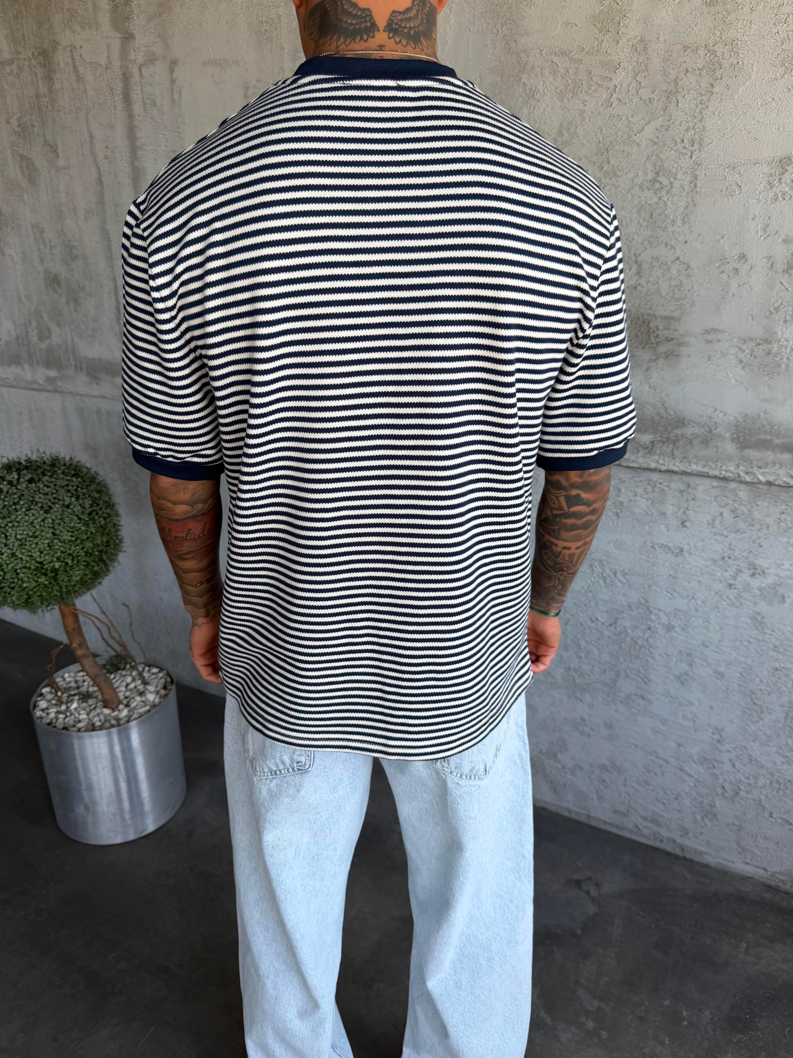 Lacivert Çizgili Triko T-Shirt