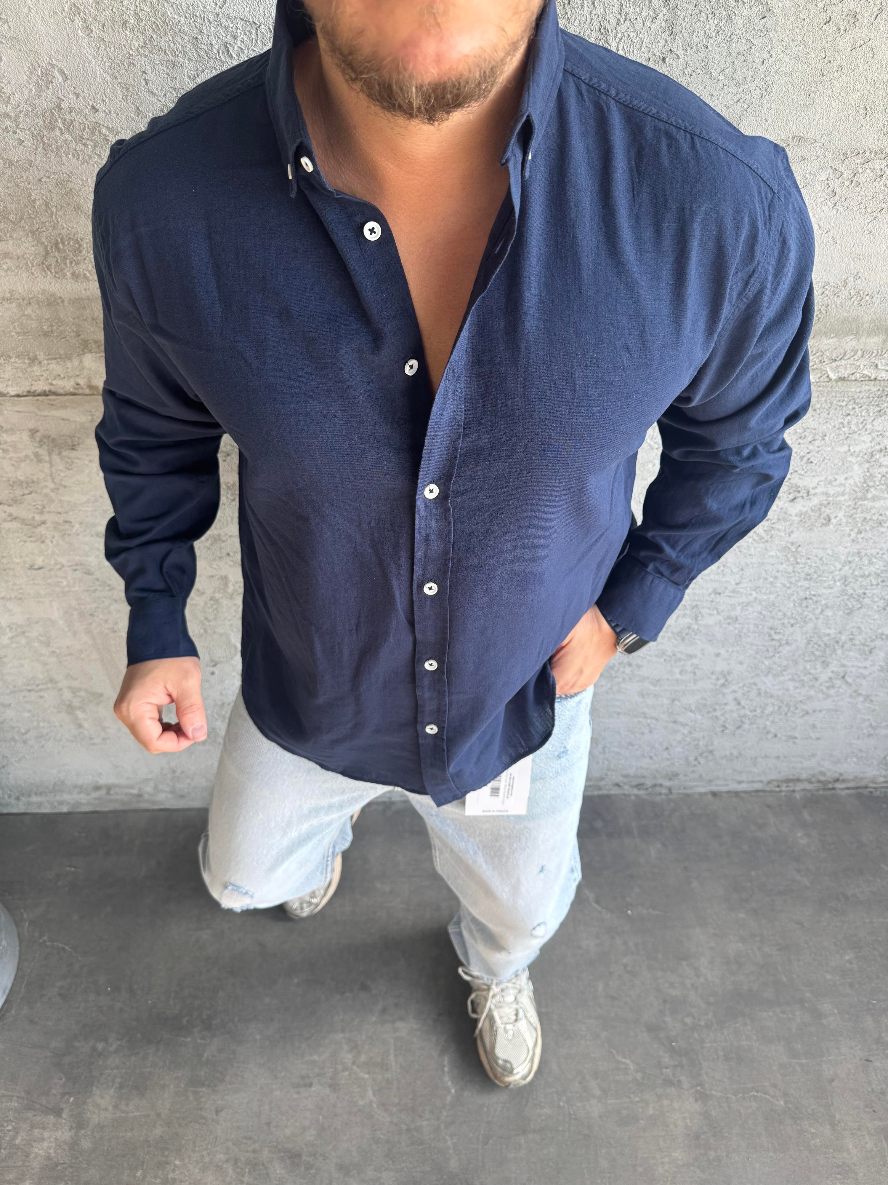 Lacivert Fresh Keten Basic Gömlek