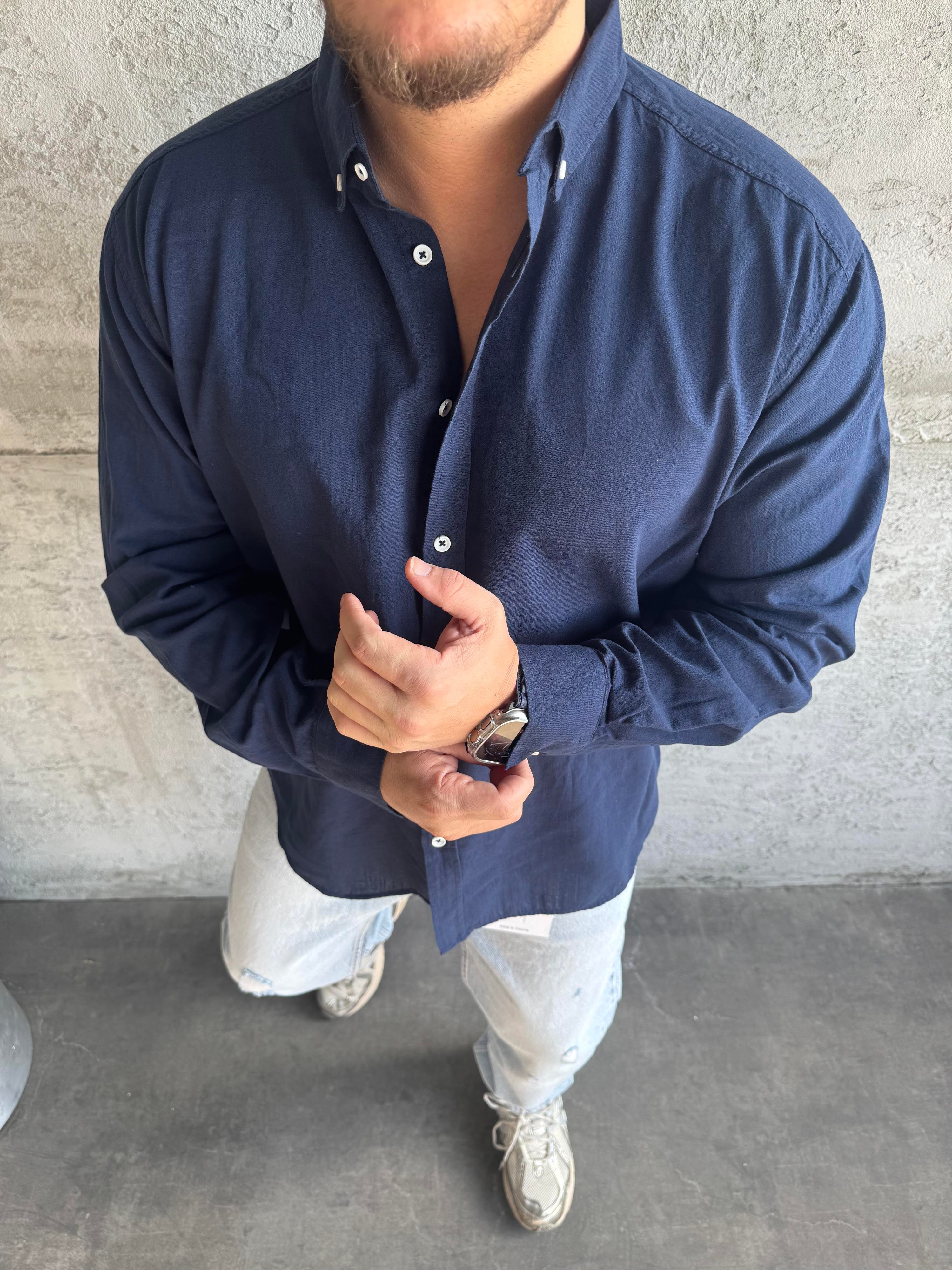 Lacivert Fresh Keten Basic Gömlek