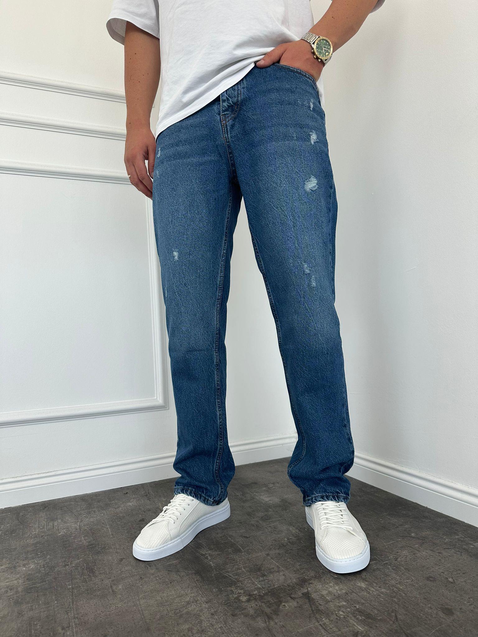 Lacivert Lazerli Detaylı Baggy Jean
