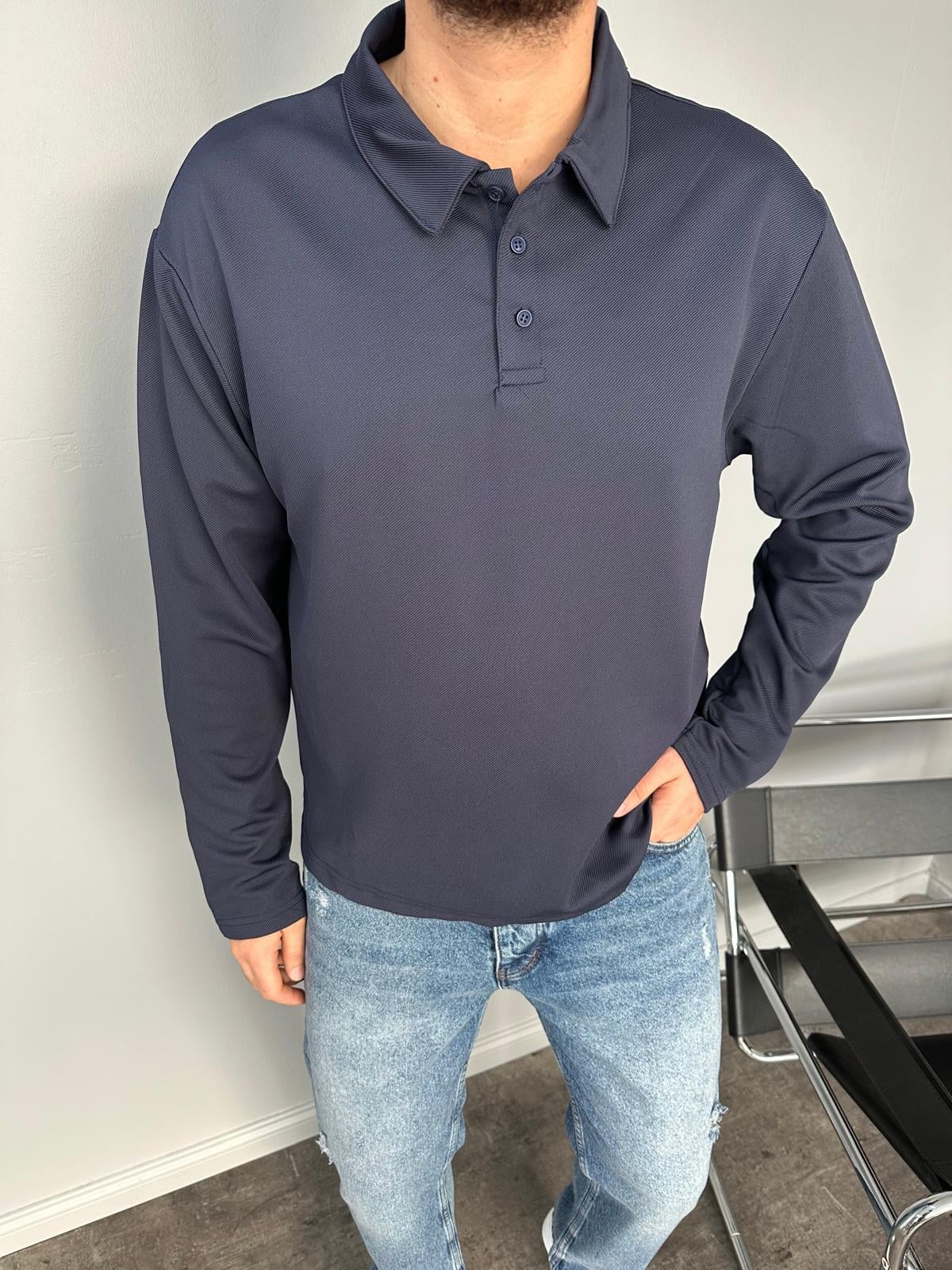 Lacivert Polo Yaka Düğmeli Sweatshirt