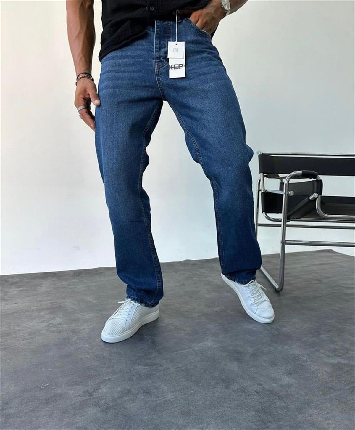 Lacivert Taşlamalı Baggy Jean