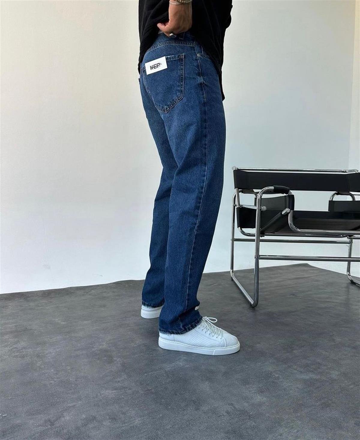 Lacivert Taşlamalı Baggy Jean