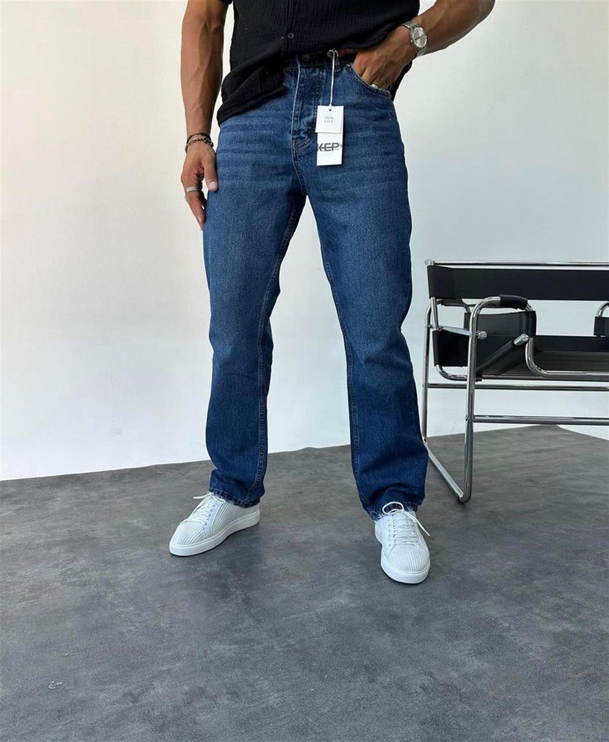 Lacivert Taşlamalı Baggy Jean