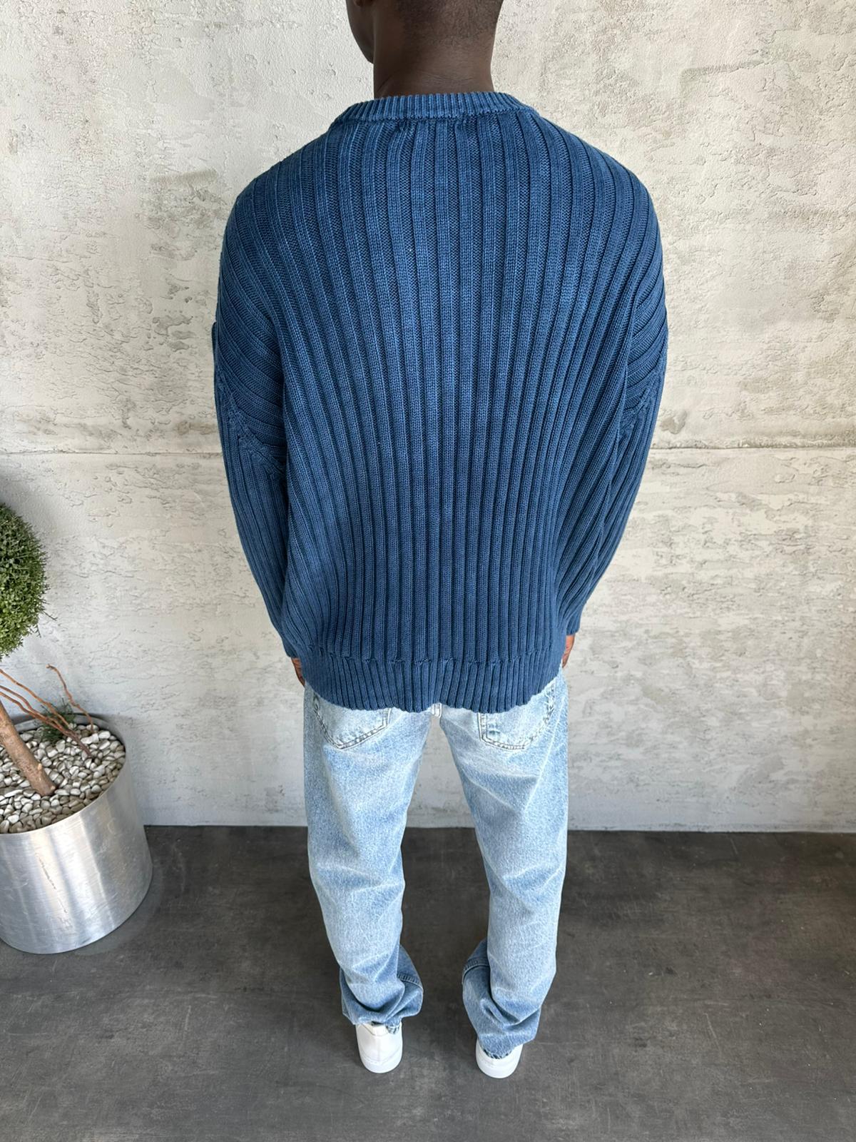 Lacivert Yıkamalı Örme Triko Kazak