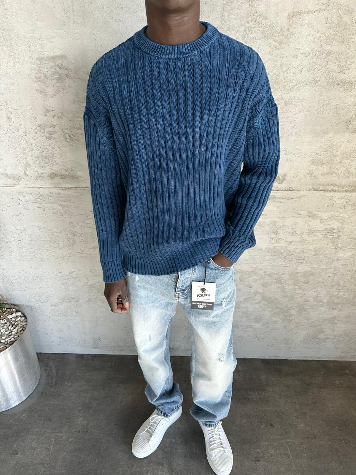 Lacivert Yıkamalı Örme Triko Kazak