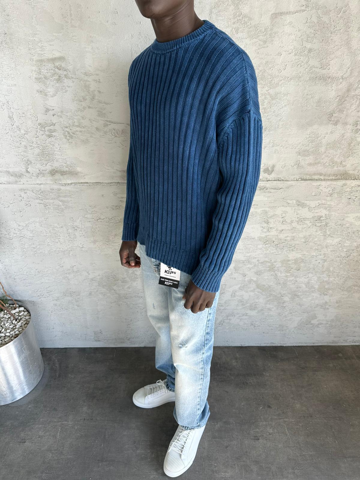 Lacivert Yıkamalı Örme Triko Kazak