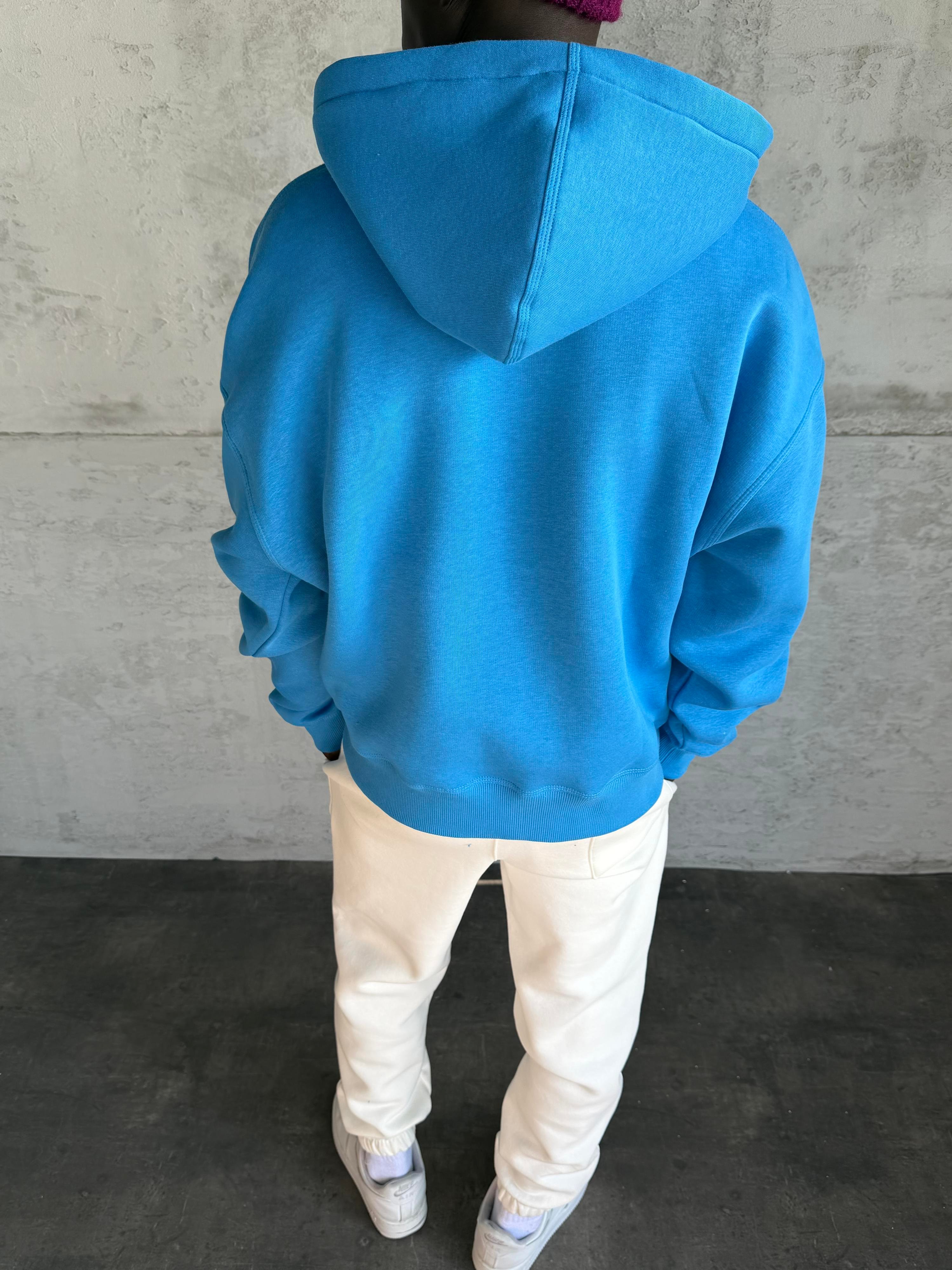 Mavi Kapüşonlu Fermuarlı Sweatshirt