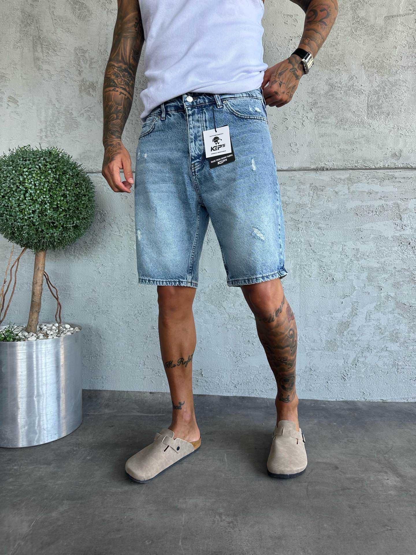 Mavi Lazerli Kot Şort