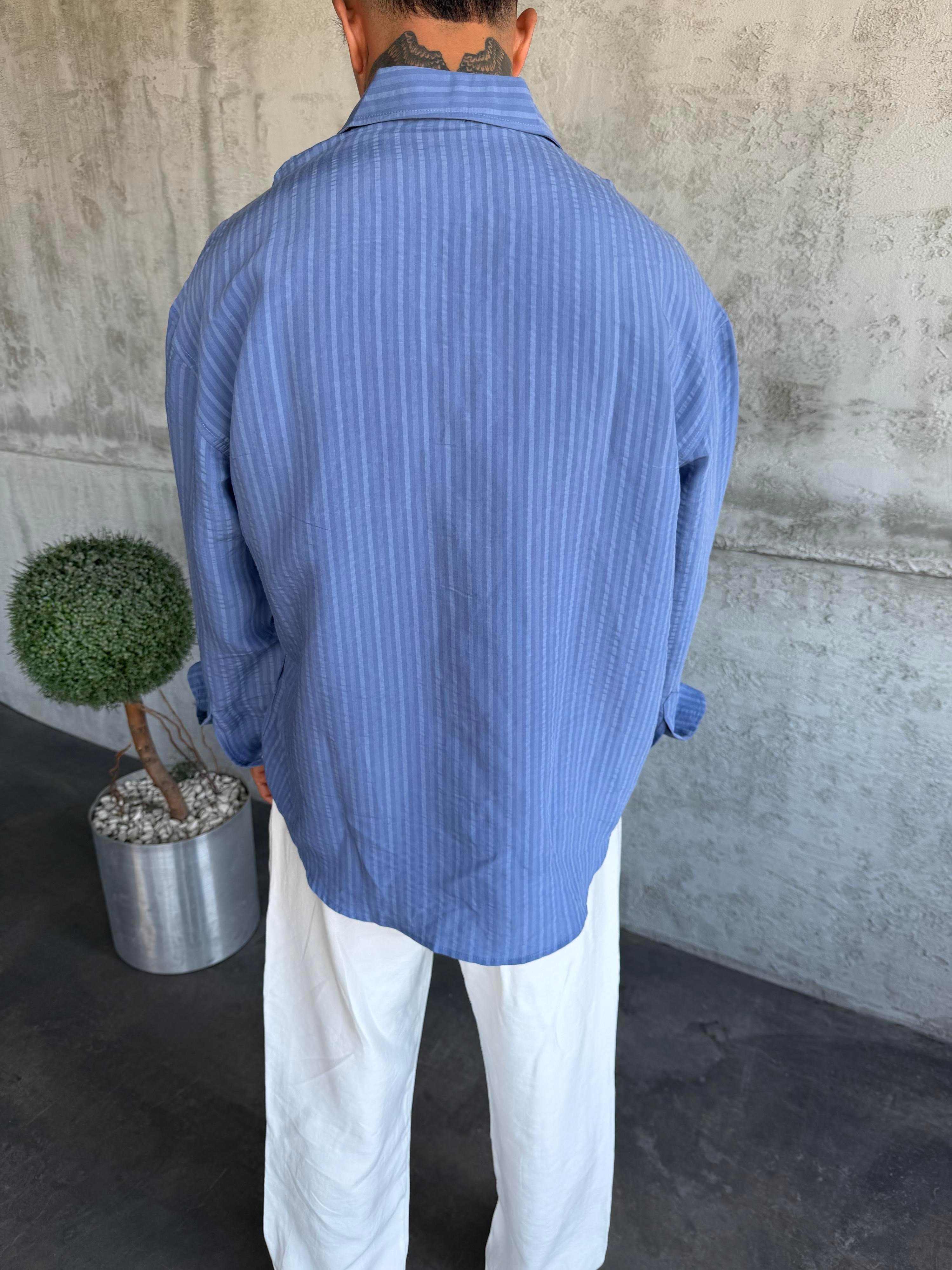 Mavi Modal Kumaş Desenli Oversize Gömlek