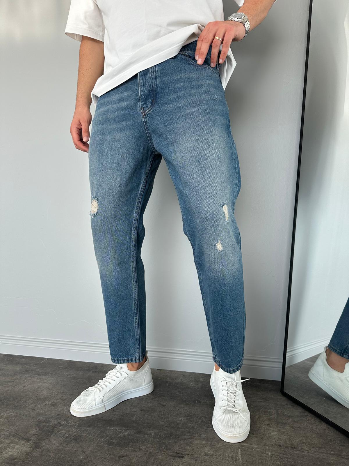 Mavi Yıkamalı Lazerli Boyfriend Jean