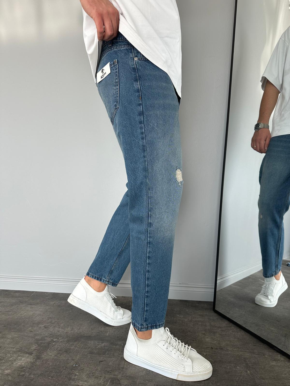 Mavi Yıkamalı Lazerli Boyfriend Jean