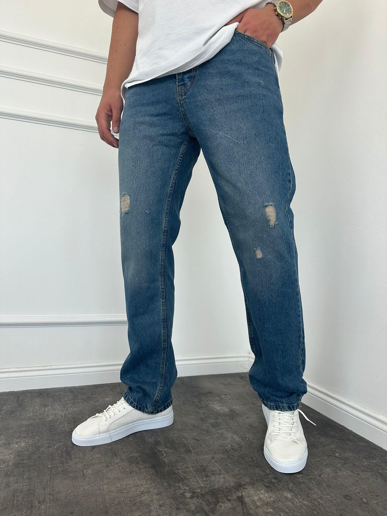 Mavi Yıkamalı Yırtıklı Baggy Jean