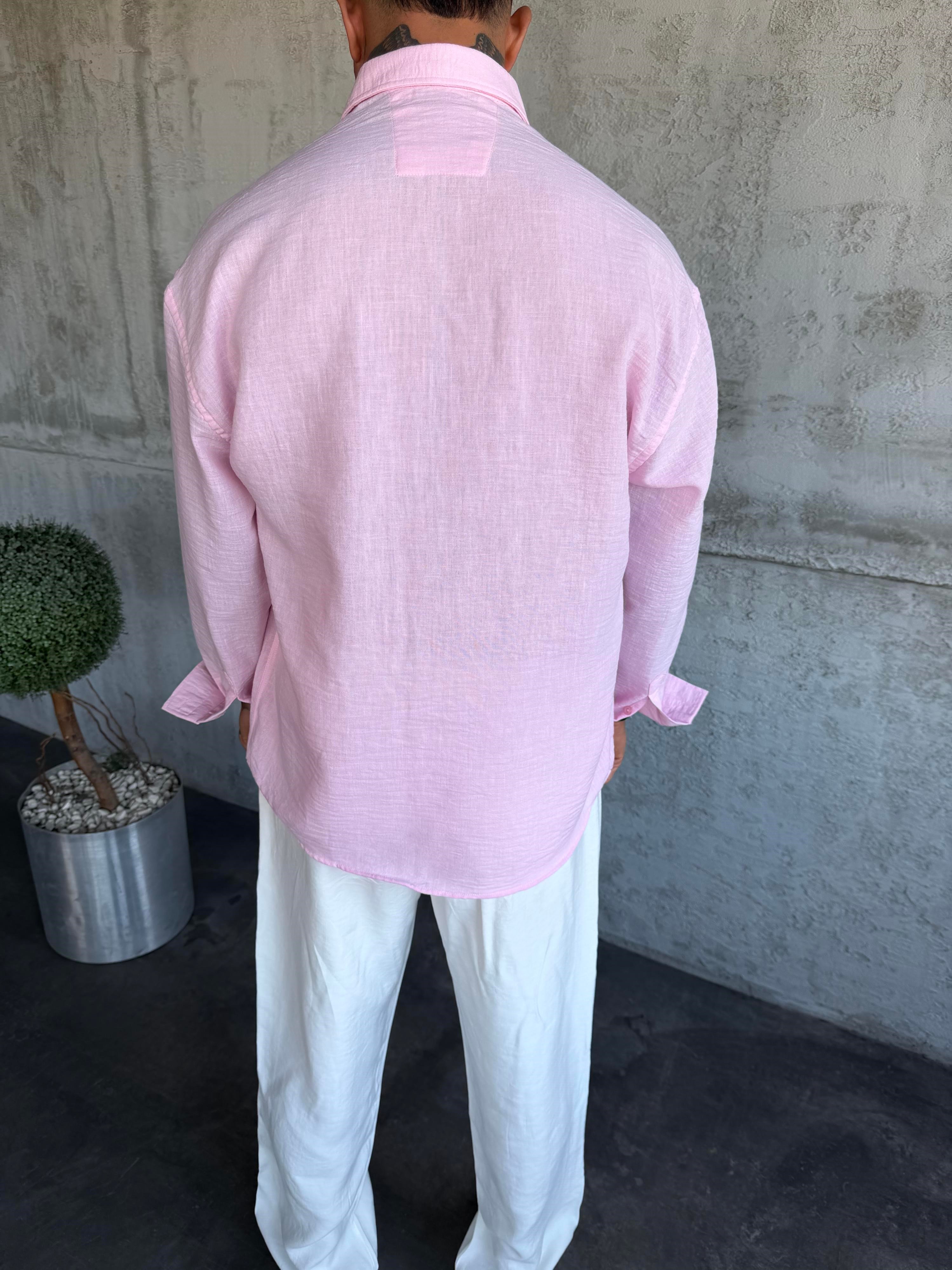 Pembe Pera Keten Gömlek