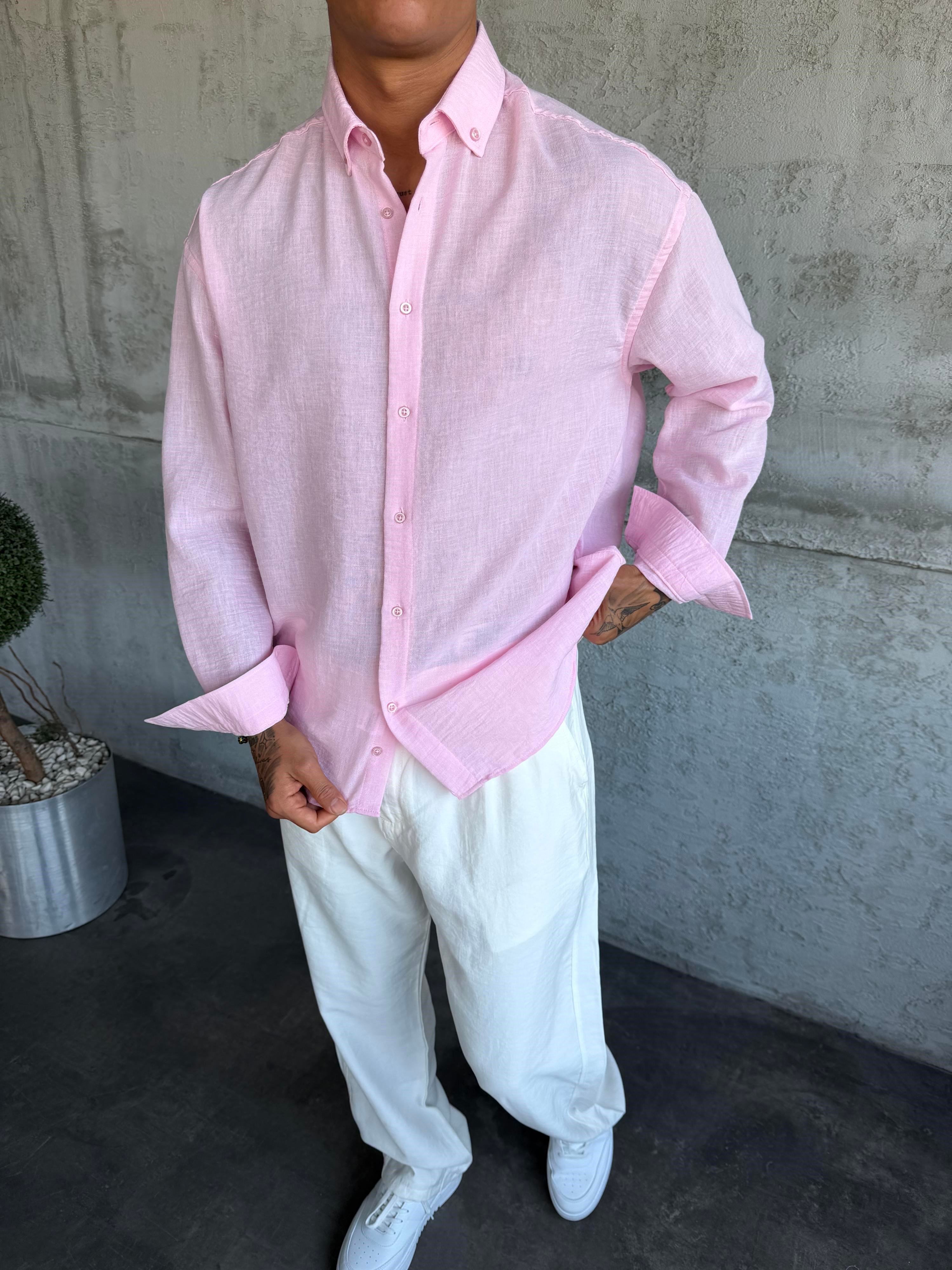 Pembe Pera Keten Gömlek
