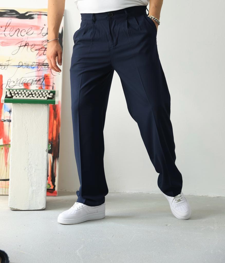 Pileli Lacivert  Kumaş Pantolon Bol Kalıp