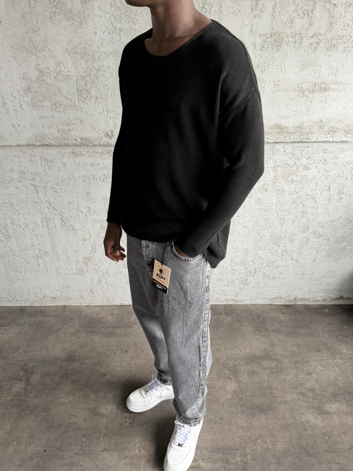 Siyah Açık Yaka Oversize Triko