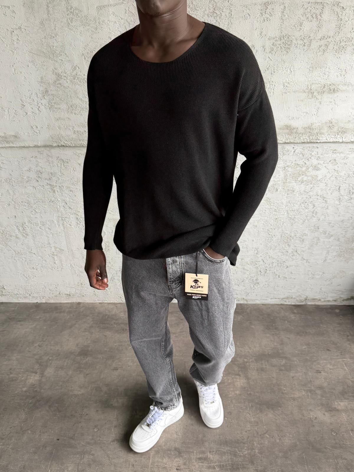 Siyah Açık Yaka Oversize Triko