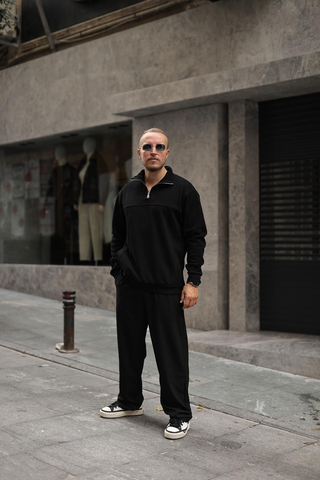 Siyah Doubleface Fermuarlı Sweatshirt