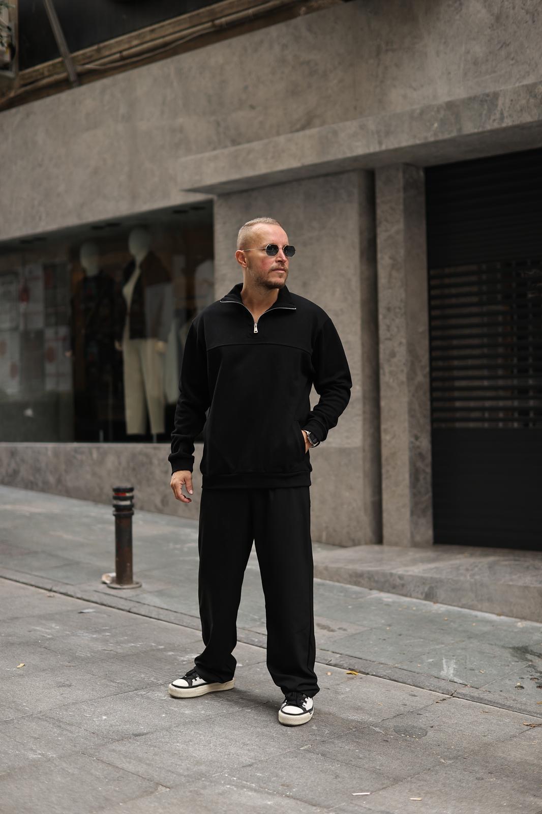 Siyah Doubleface Fermuarlı Sweatshirt
