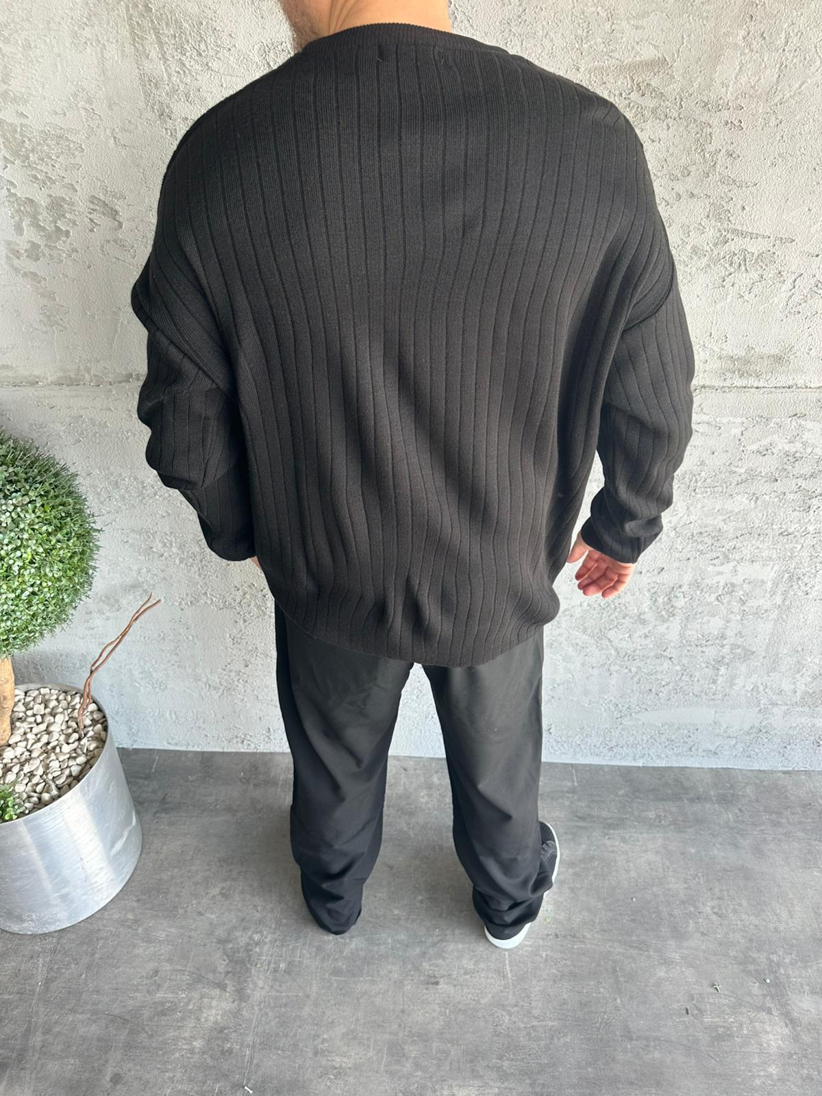 Siyah Fitilli Oversize Triko Kazak