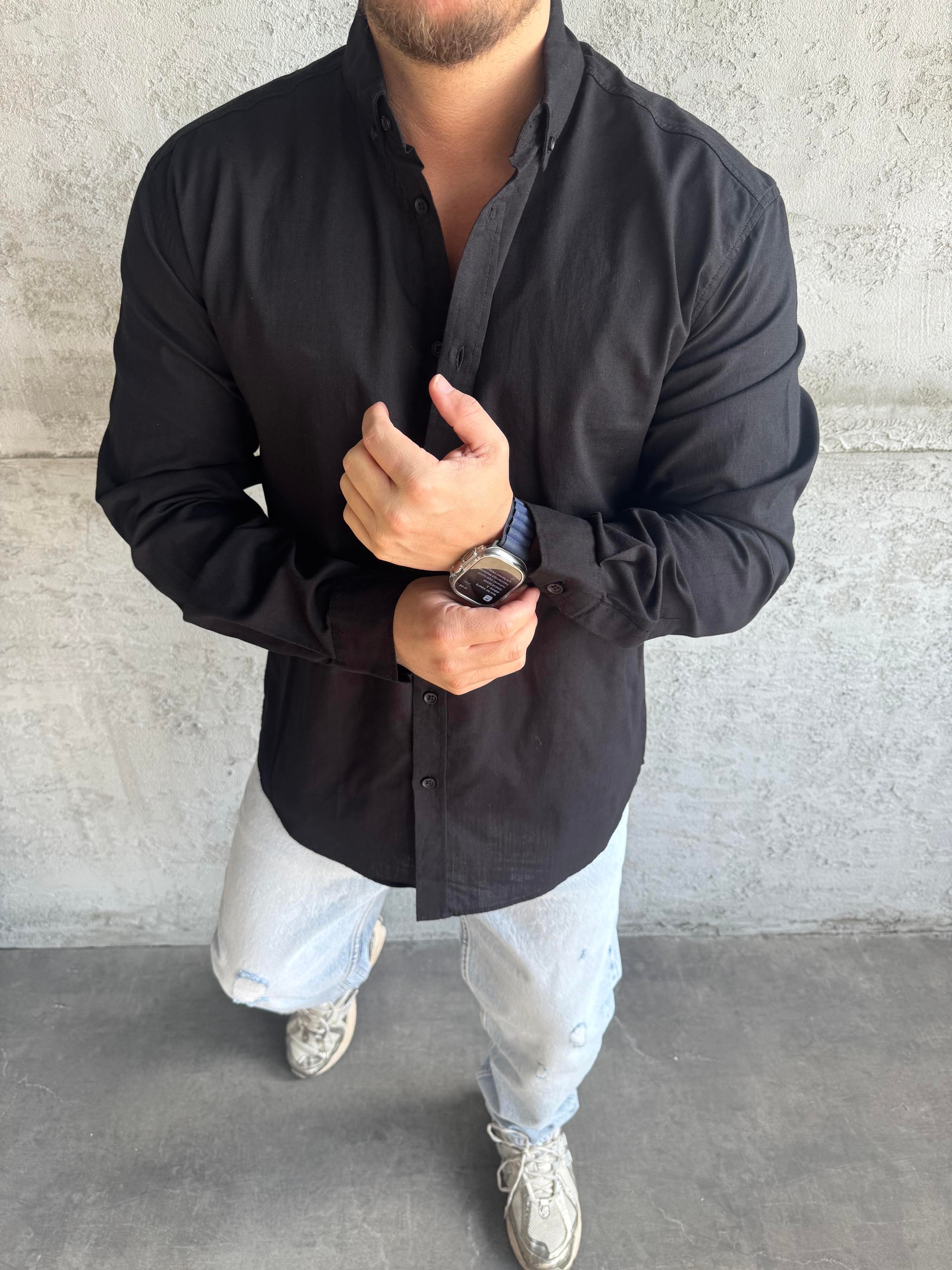 Siyah Fresh Keten Basic Gömlek