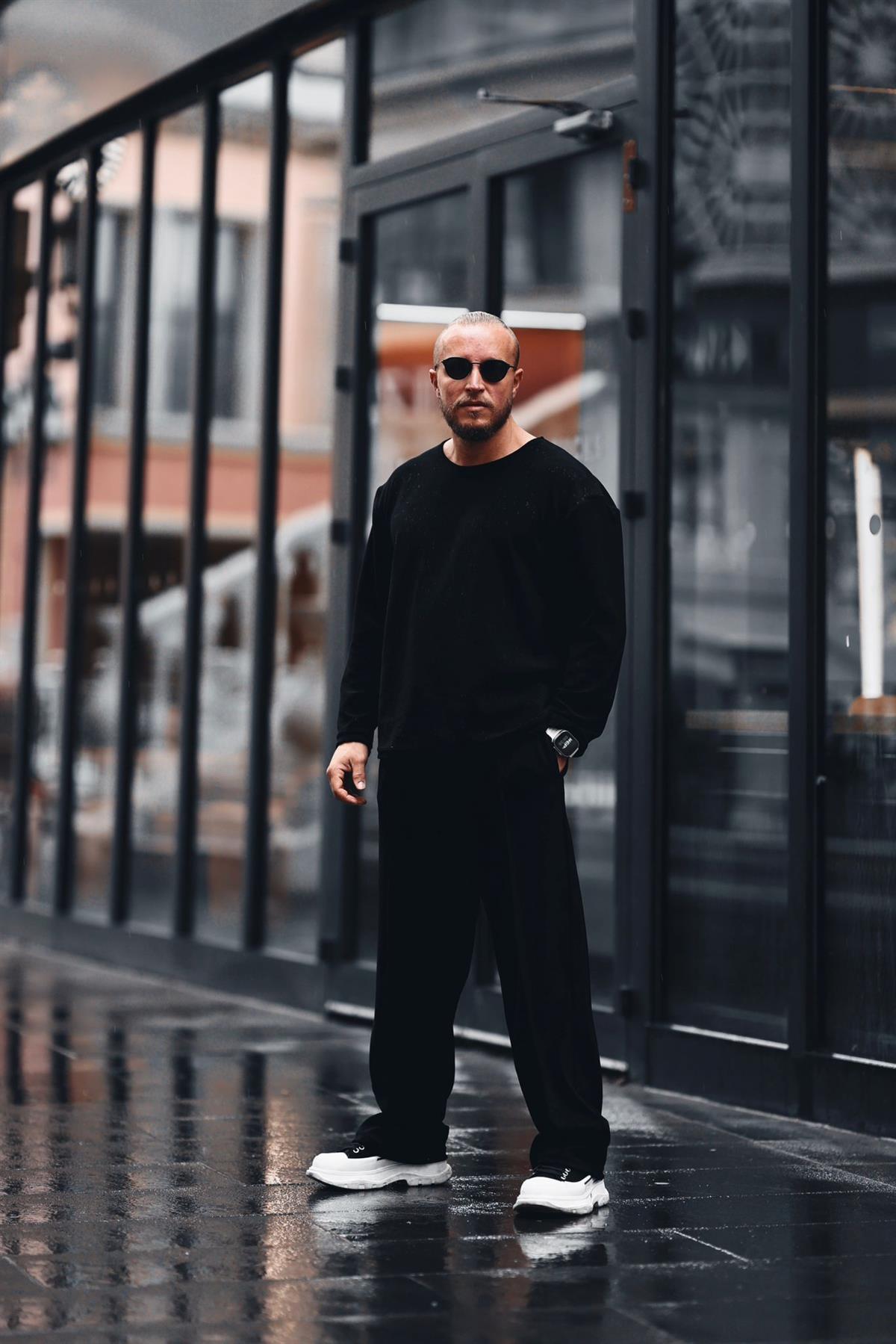 Siyah Havlu Kumaş Basic Sweatshirt